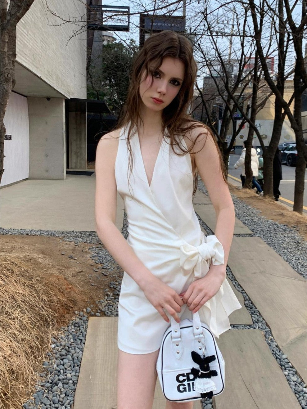 UNIVERSE Gentle Sheen Tie V-neck High Waist Women's Acetate Satin Halter Mini Dresses