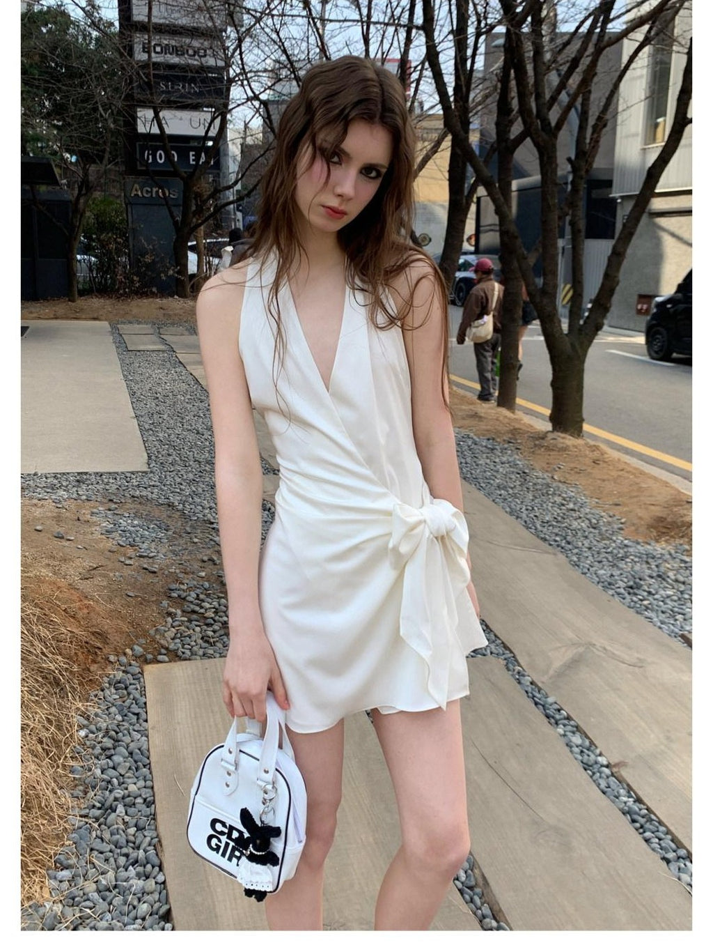 UNIVERSE Gentle Sheen Tie V-neck High Waist Women's Acetate Satin Halter Mini Dresses