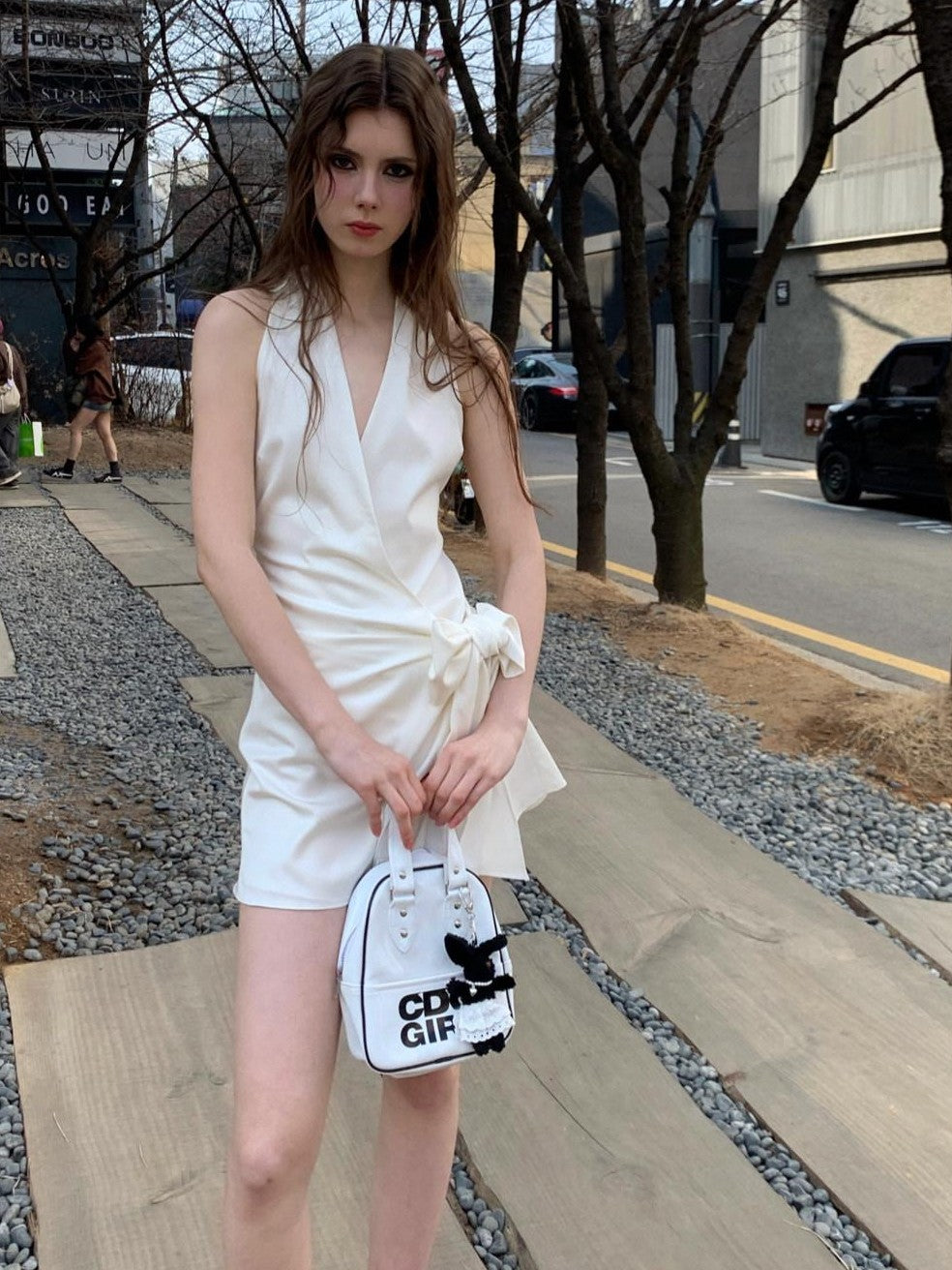 UNIVERSE Gentle Sheen Tie V-neck High Waist Women's Acetate Satin Halter Mini Dresses