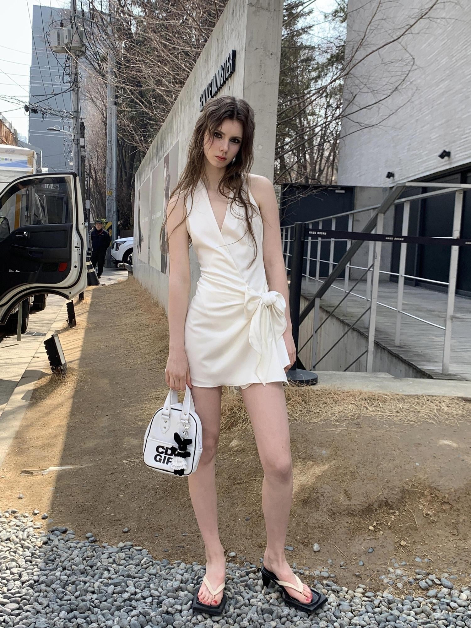 UNIVERSE Gentle Sheen Tie V-neck High Waist Women's Acetate Satin Halter Mini Dresses