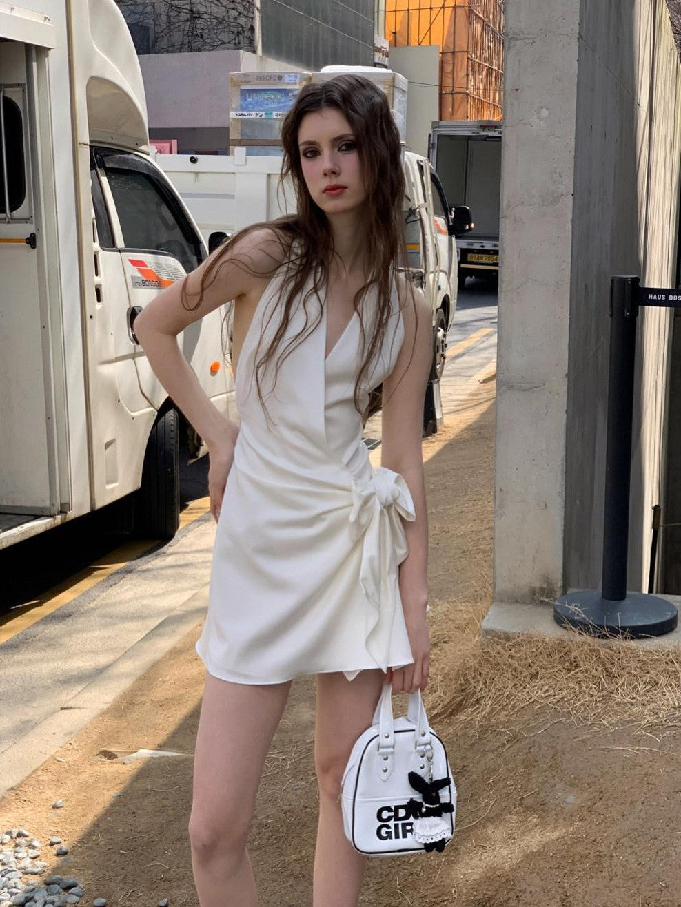 UNIVERSE Gentle Sheen Tie V-neck High Waist Women's Acetate Satin Halter Mini Dresses