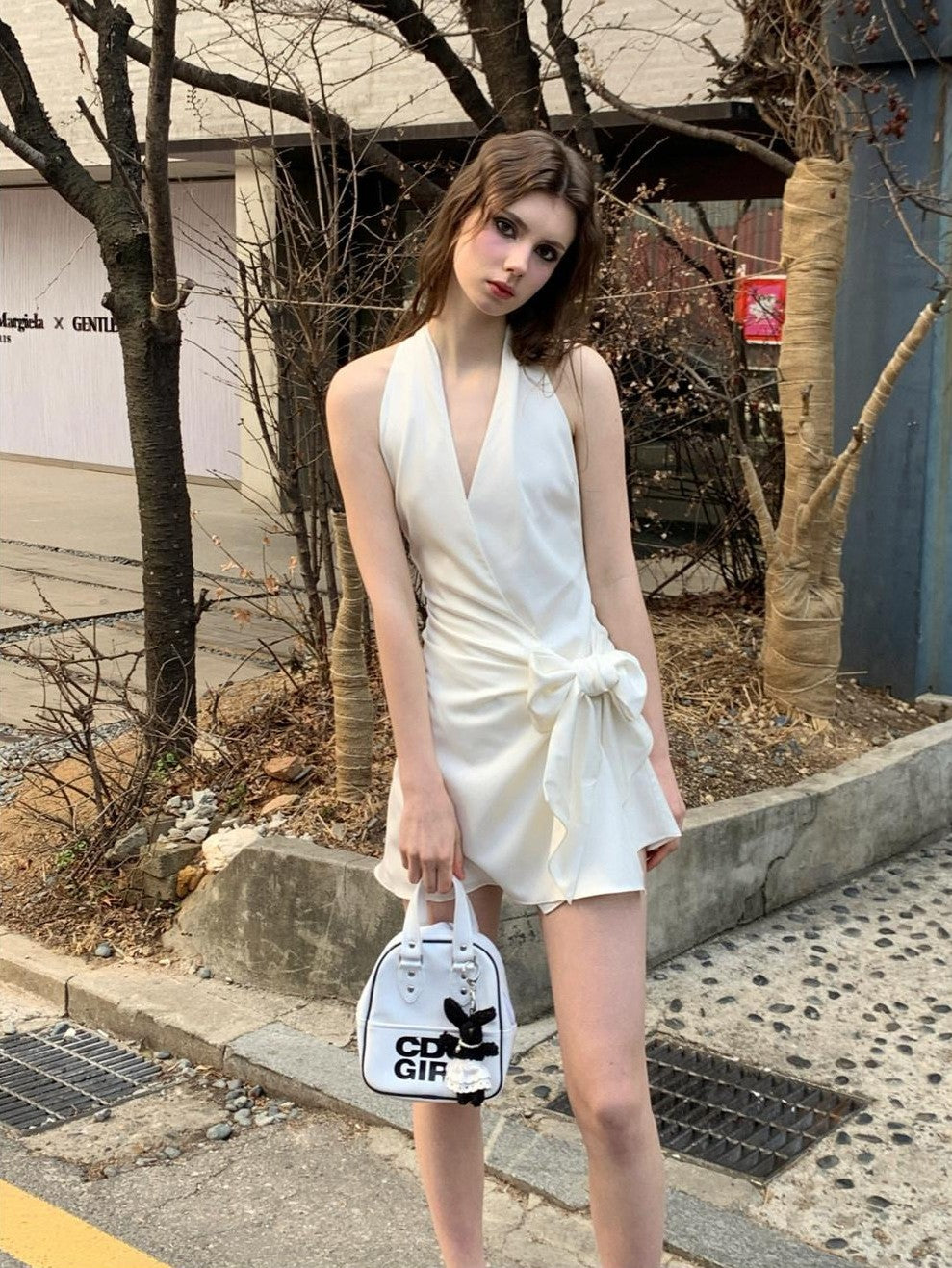 UNIVERSE Gentle Sheen Tie V-neck High Waist Women's Acetate Satin Halter Mini Dresses