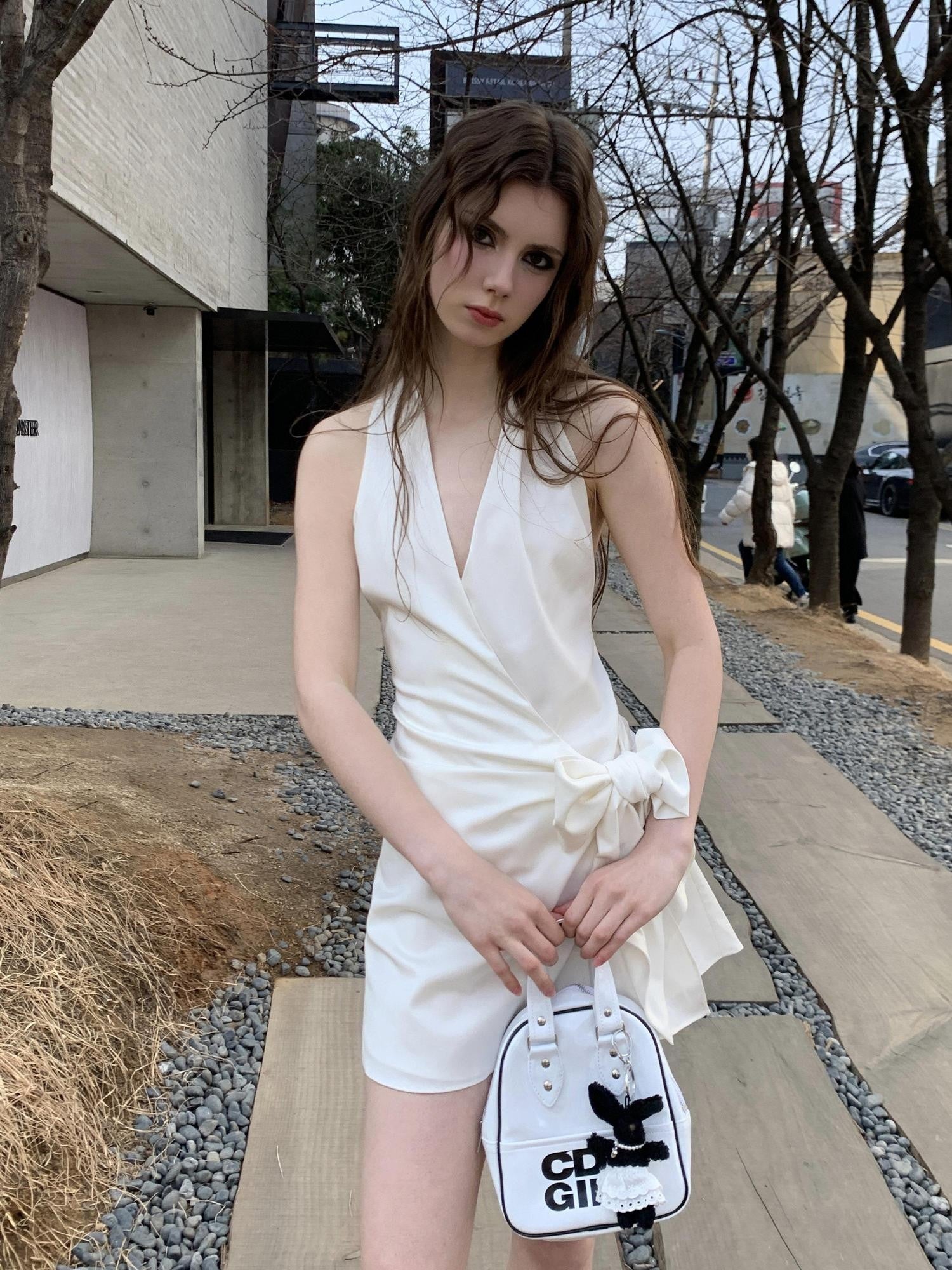 UNIVERSE Gentle Sheen Tie V-neck High Waist Women's Acetate Satin Halter Mini Dresses