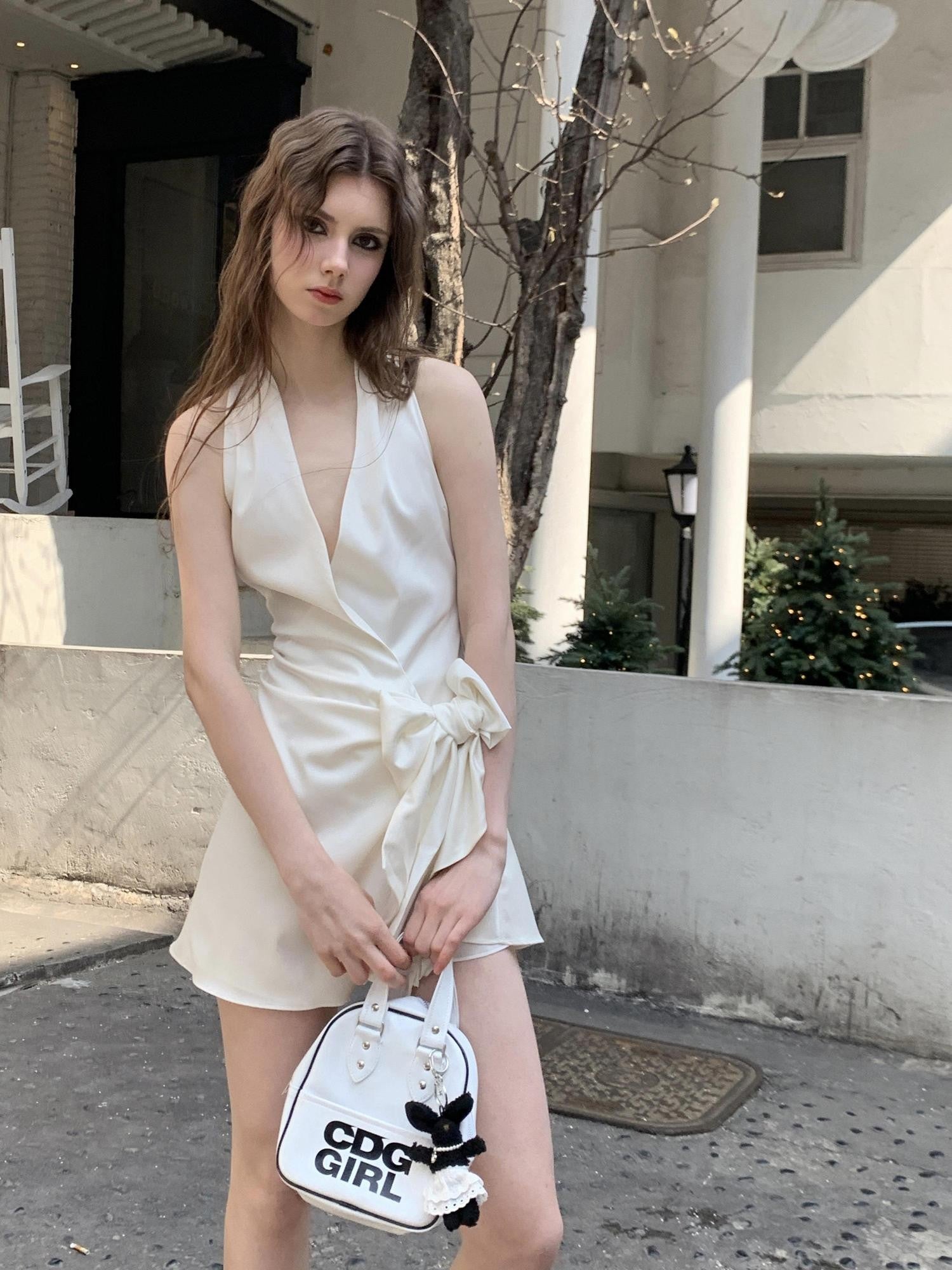 UNIVERSE Gentle Sheen Tie V-neck High Waist Women's Acetate Satin Halter Mini Dresses