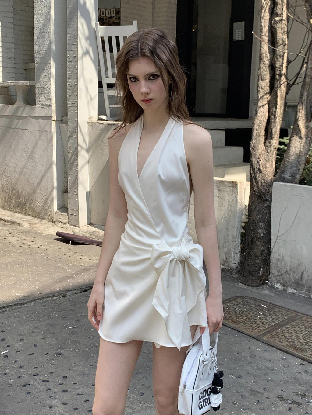 UNIVERSE Gentle Sheen Tie V-neck High Waist Women's Acetate Satin Halter Mini Dresses