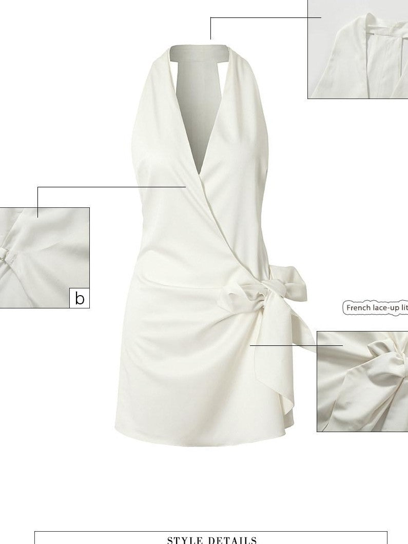 UNIVERSE Gentle Sheen Tie V-neck High Waist Women's Acetate Satin Halter Mini Dresses