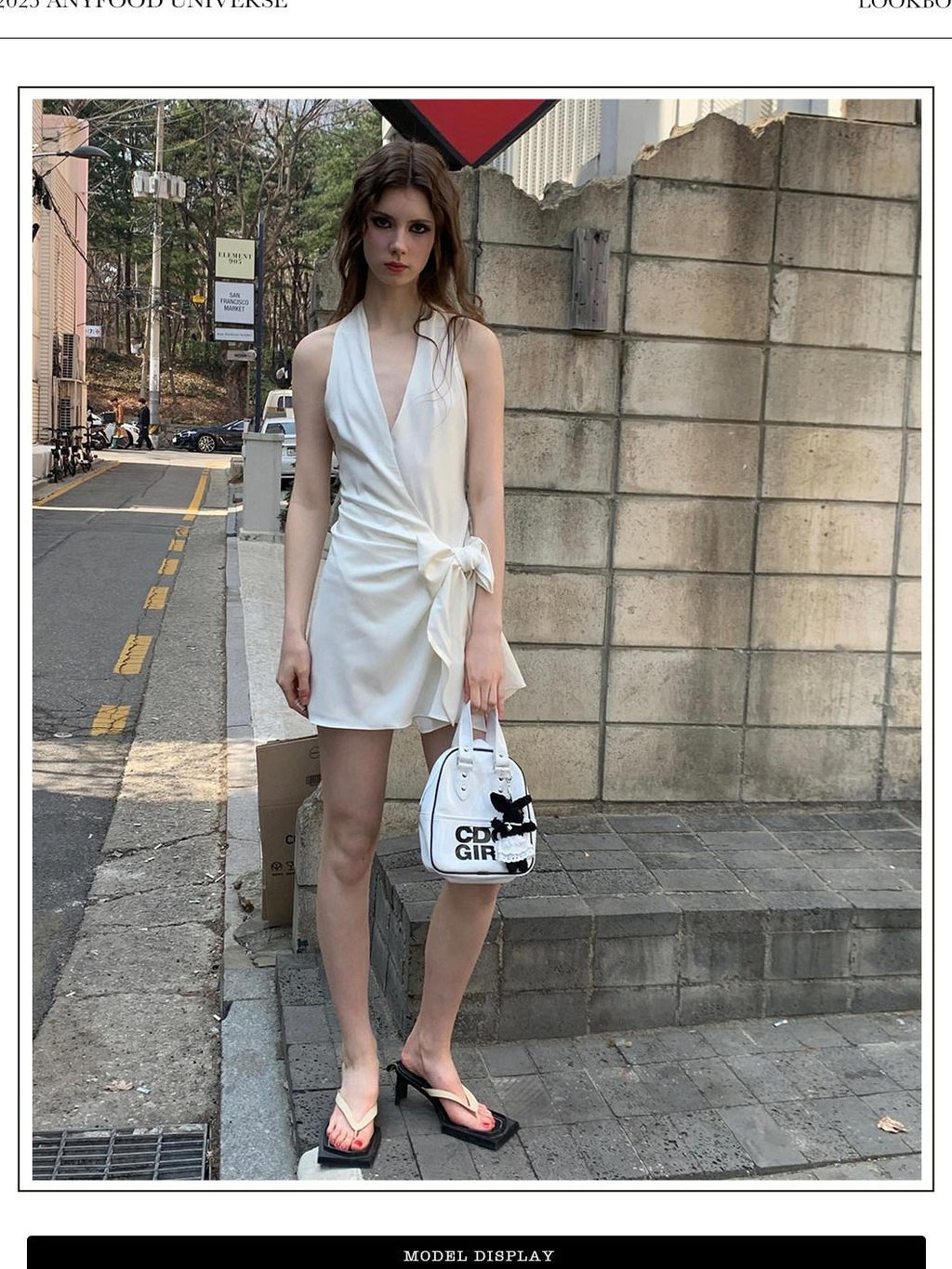 UNIVERSE Gentle Sheen Tie V-neck High Waist Women's Acetate Satin Halter Mini Dresses