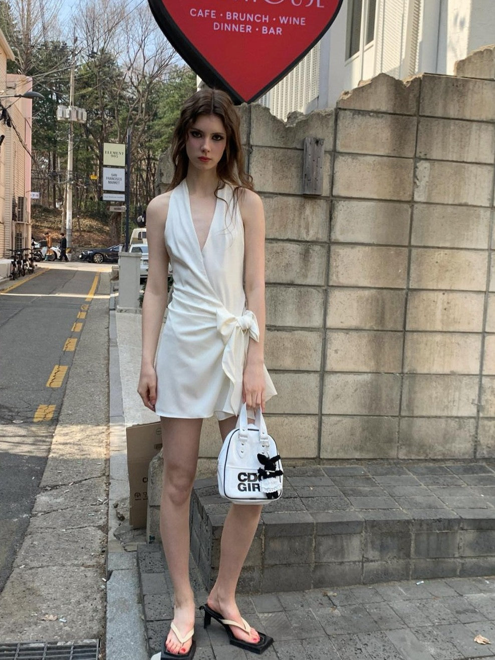 UNIVERSE Gentle Sheen Tie V-neck High Waist Women's Acetate Satin Halter Mini Dresses