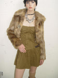 UNIVERSE Gold Brown Metallic Floral Turn Down Collar Short Women's Eco Faux Fur Coats