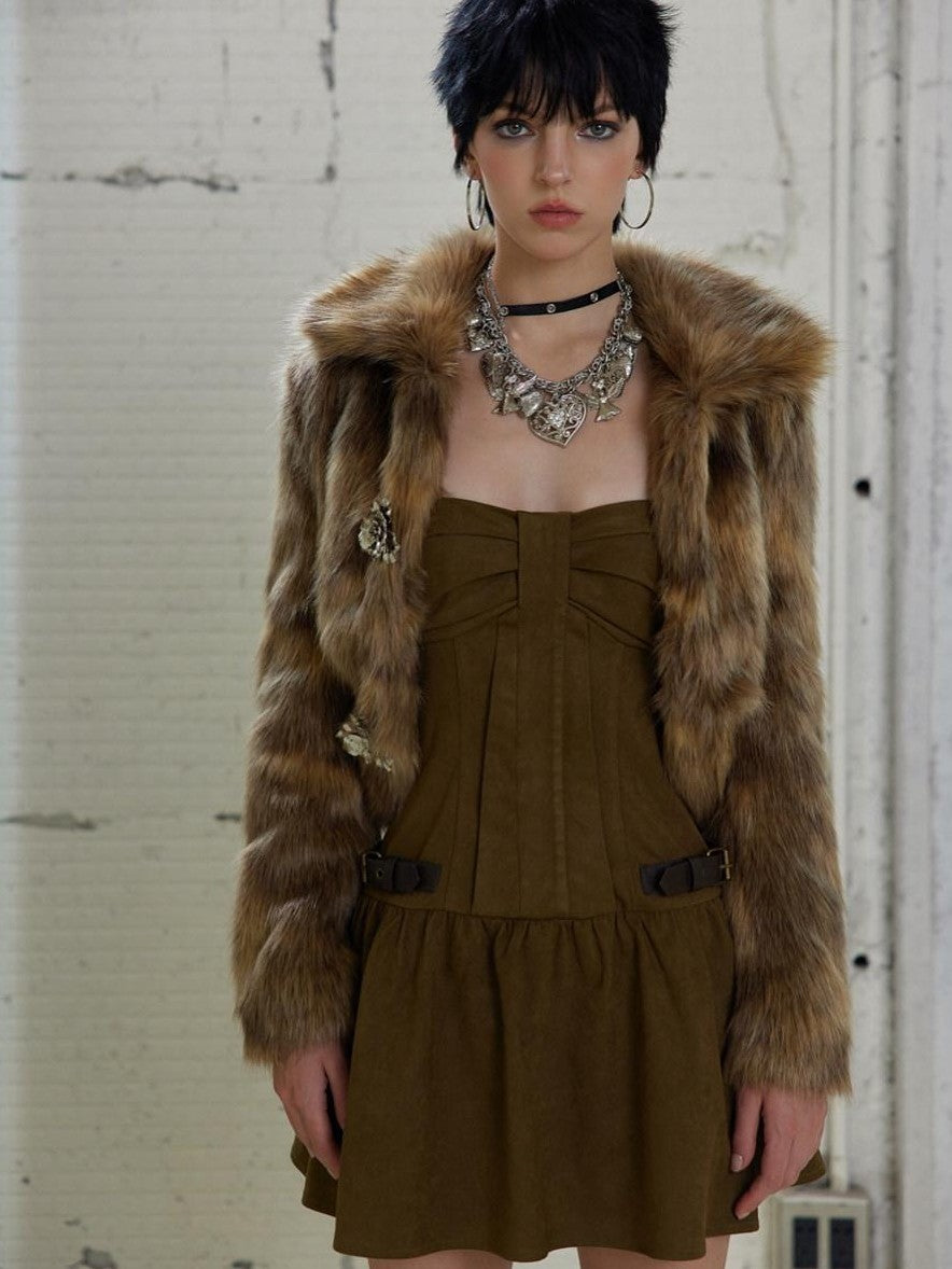 UNIVERSE Gold Brown Metallic Floral Turn Down Collar Short Women's Eco Faux Fur Coats