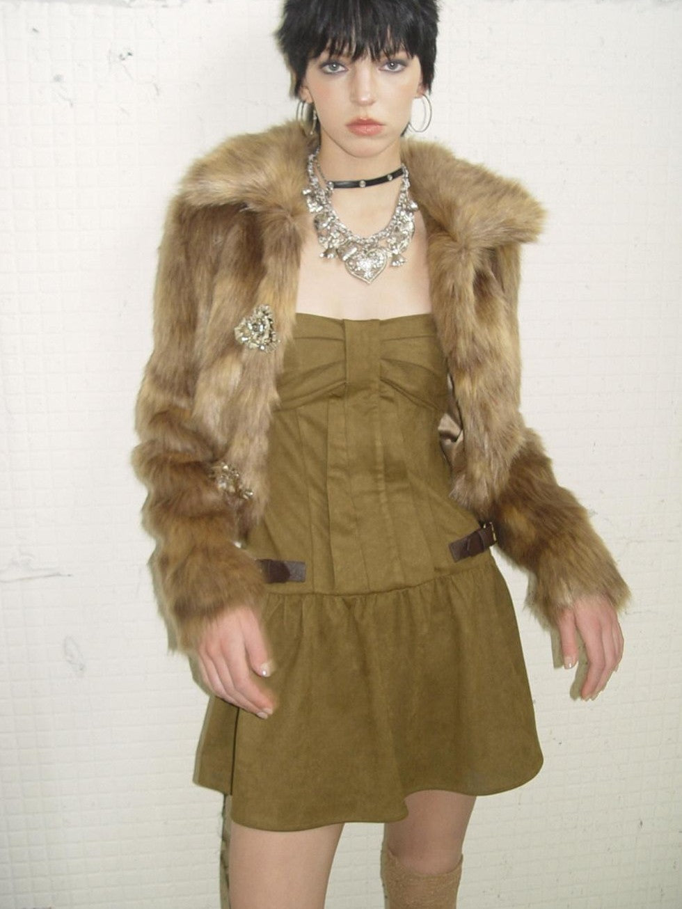 UNIVERSE Gold Brown Metallic Floral Turn Down Collar Short Women's Eco Faux Fur Coats