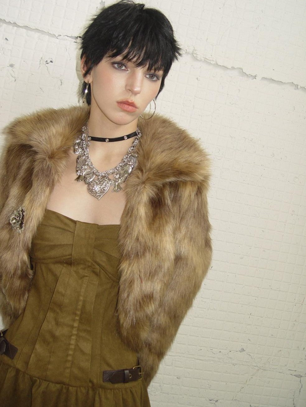 UNIVERSE Gold Brown Metallic Floral Turn Down Collar Short Women's Eco Faux Fur Coats