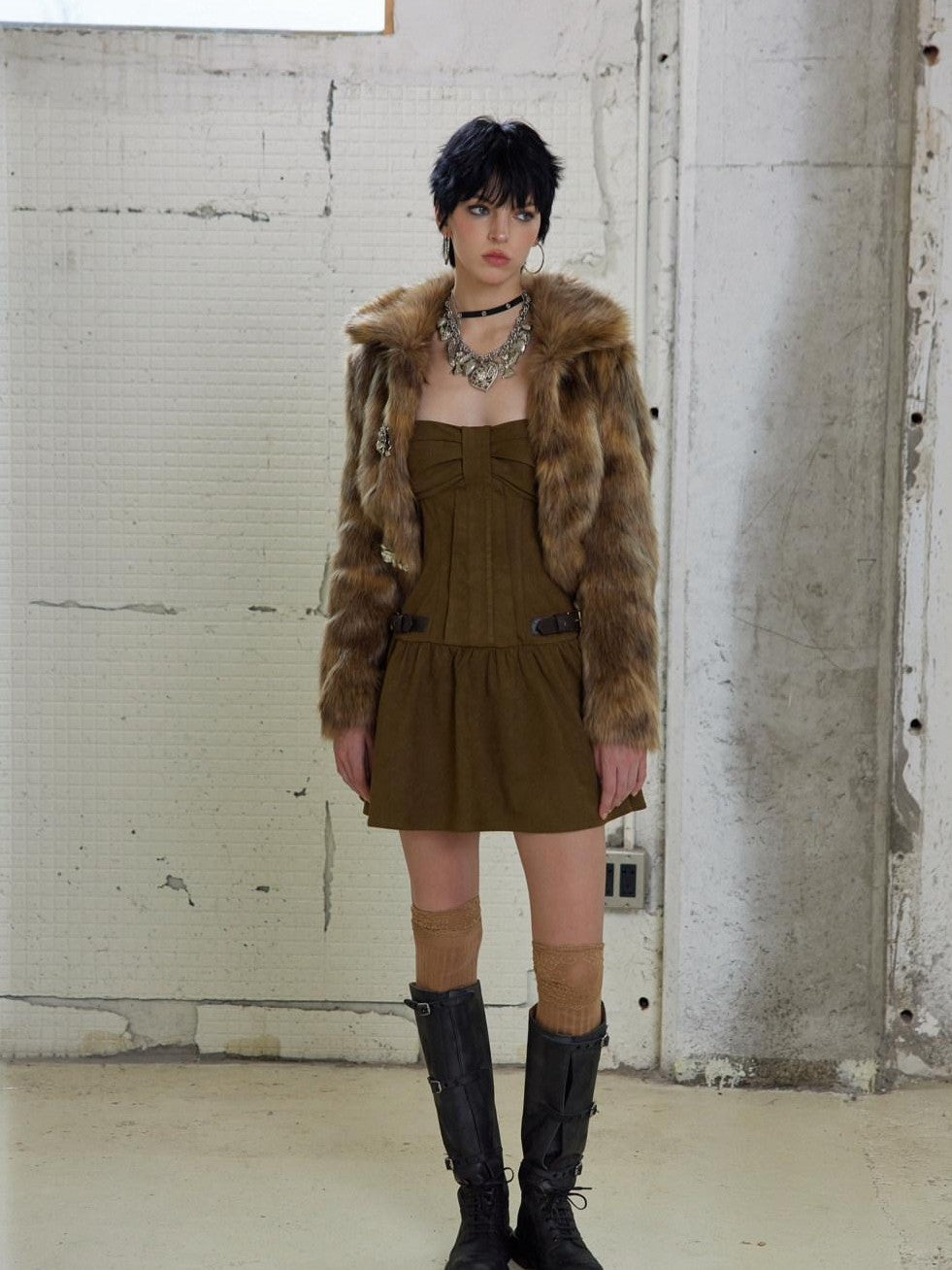 UNIVERSE Gold Brown Metallic Floral Turn Down Collar Short Women's Eco Faux Fur Coats