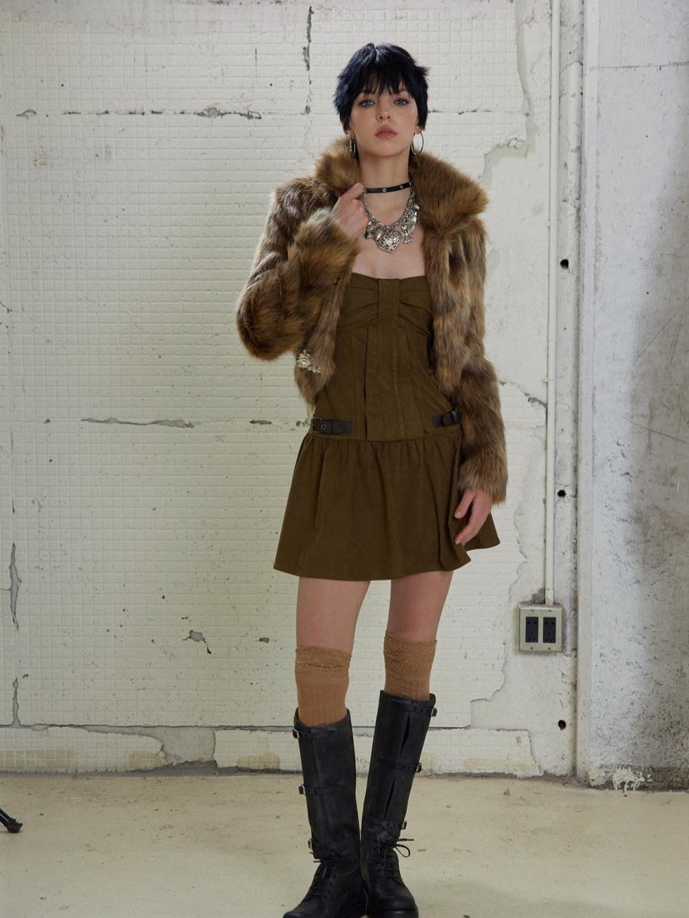 UNIVERSE Gold Brown Metallic Floral Turn Down Collar Short Women's Eco Faux Fur Coats