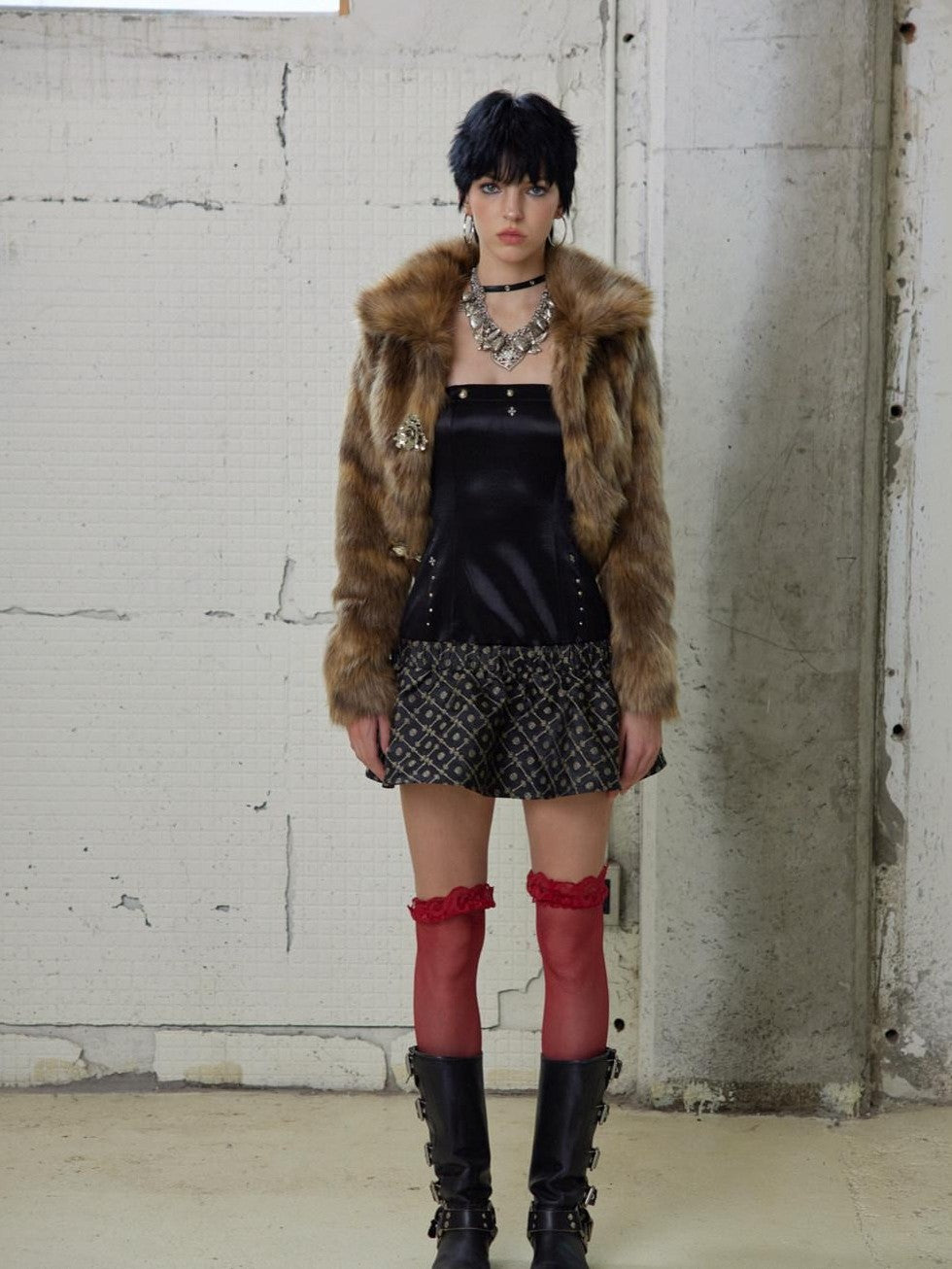UNIVERSE Gold Brown Metallic Floral Turn Down Collar Short Women's Eco Faux Fur Coats