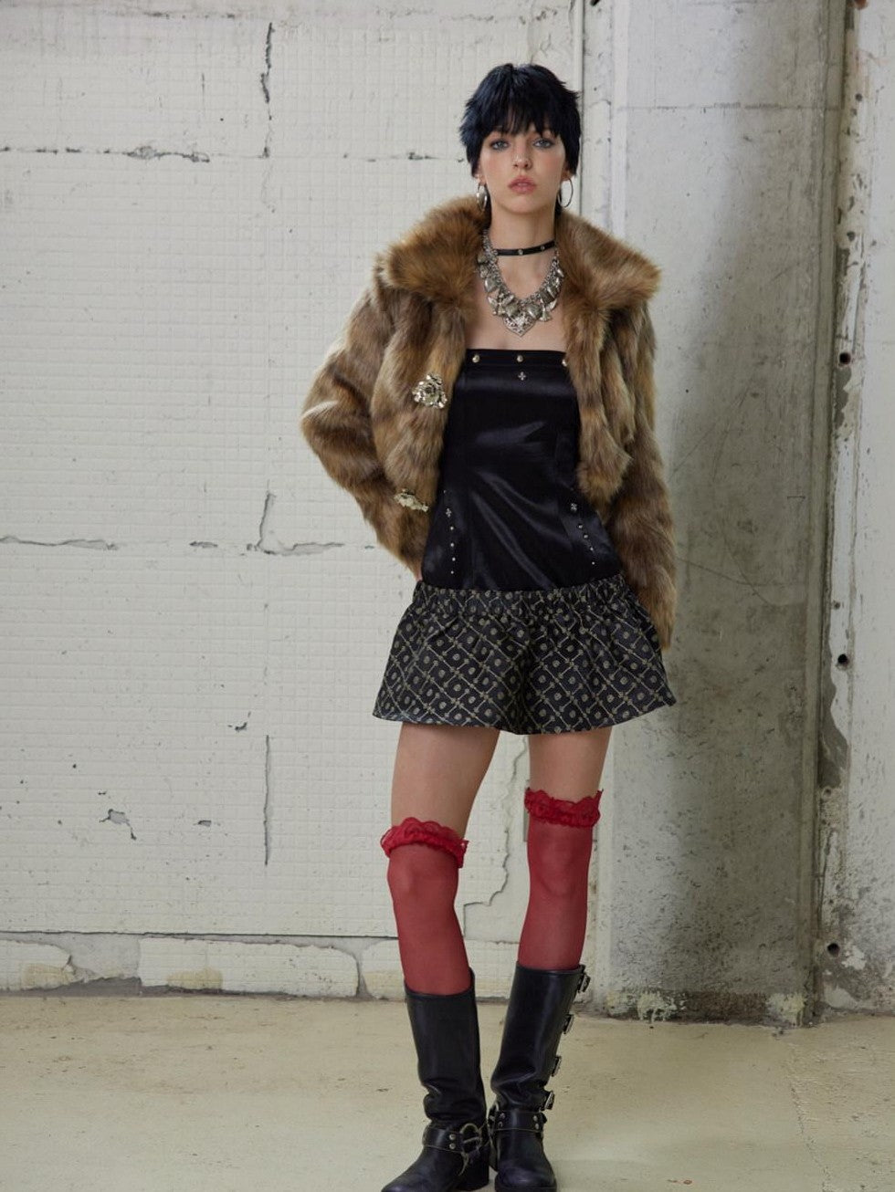 UNIVERSE Gold Brown Metallic Floral Turn Down Collar Short Women's Eco Faux Fur Coats