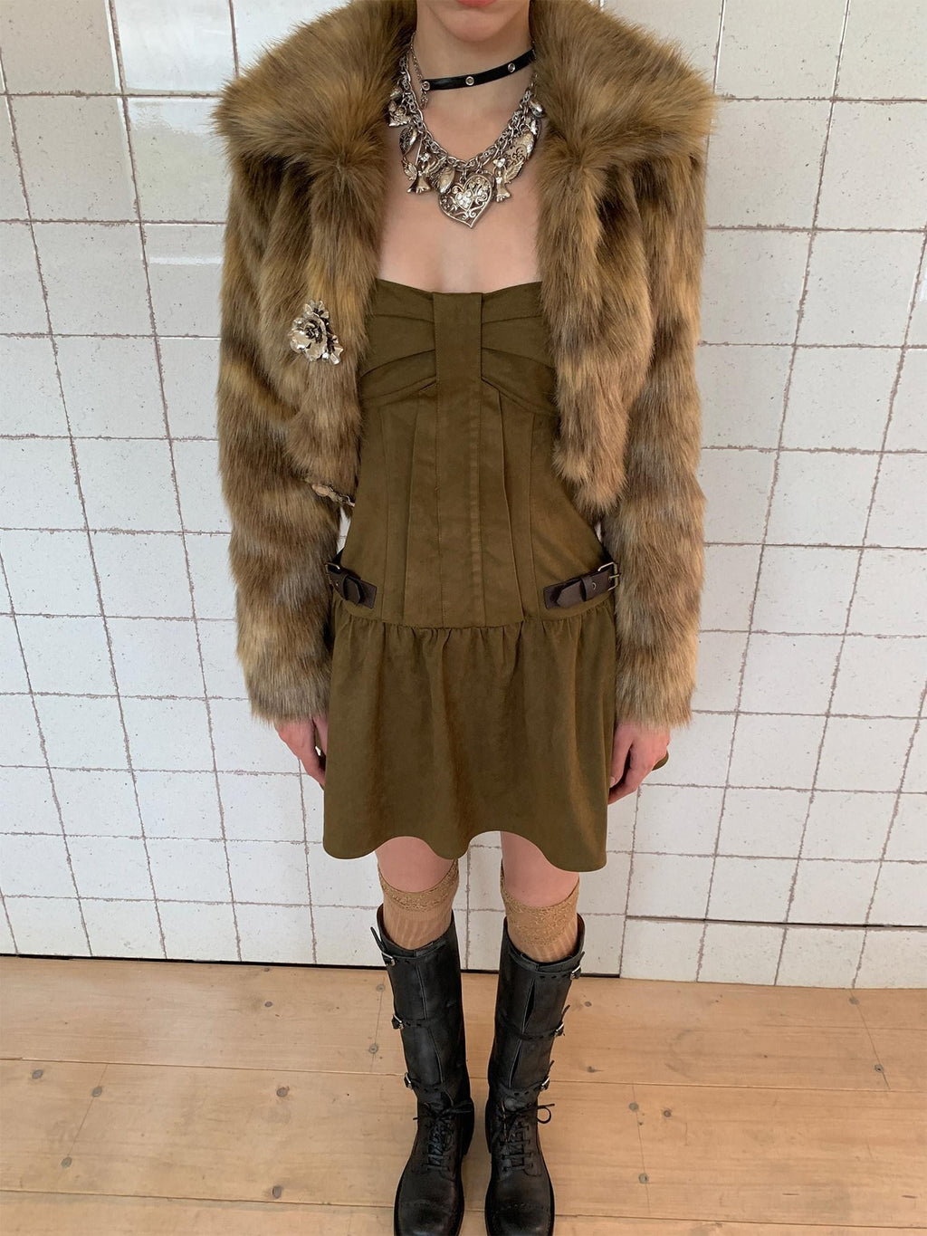 UNIVERSE Gold Brown Metallic Floral Turn Down Collar Short Women's Eco Faux Fur Coats