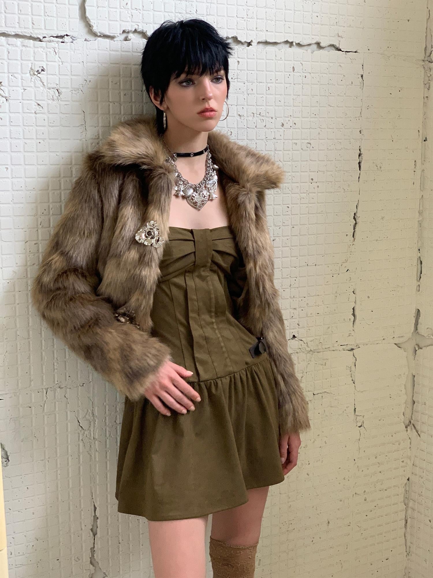 UNIVERSE Gold Brown Metallic Floral Turn Down Collar Short Women's Eco Faux Fur Coats