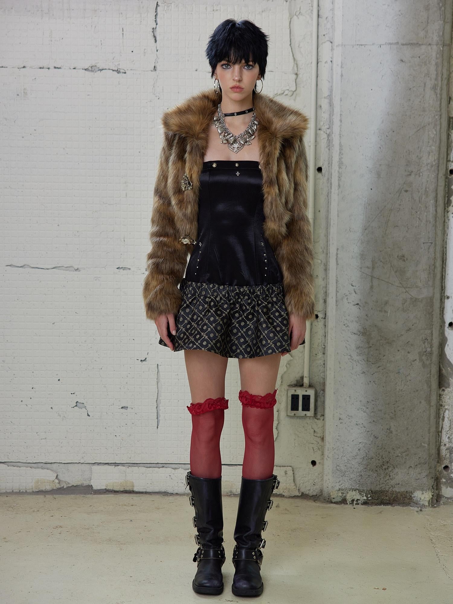 UNIVERSE Gold Brown Metallic Floral Turn Down Collar Short Women's Eco Faux Fur Coats