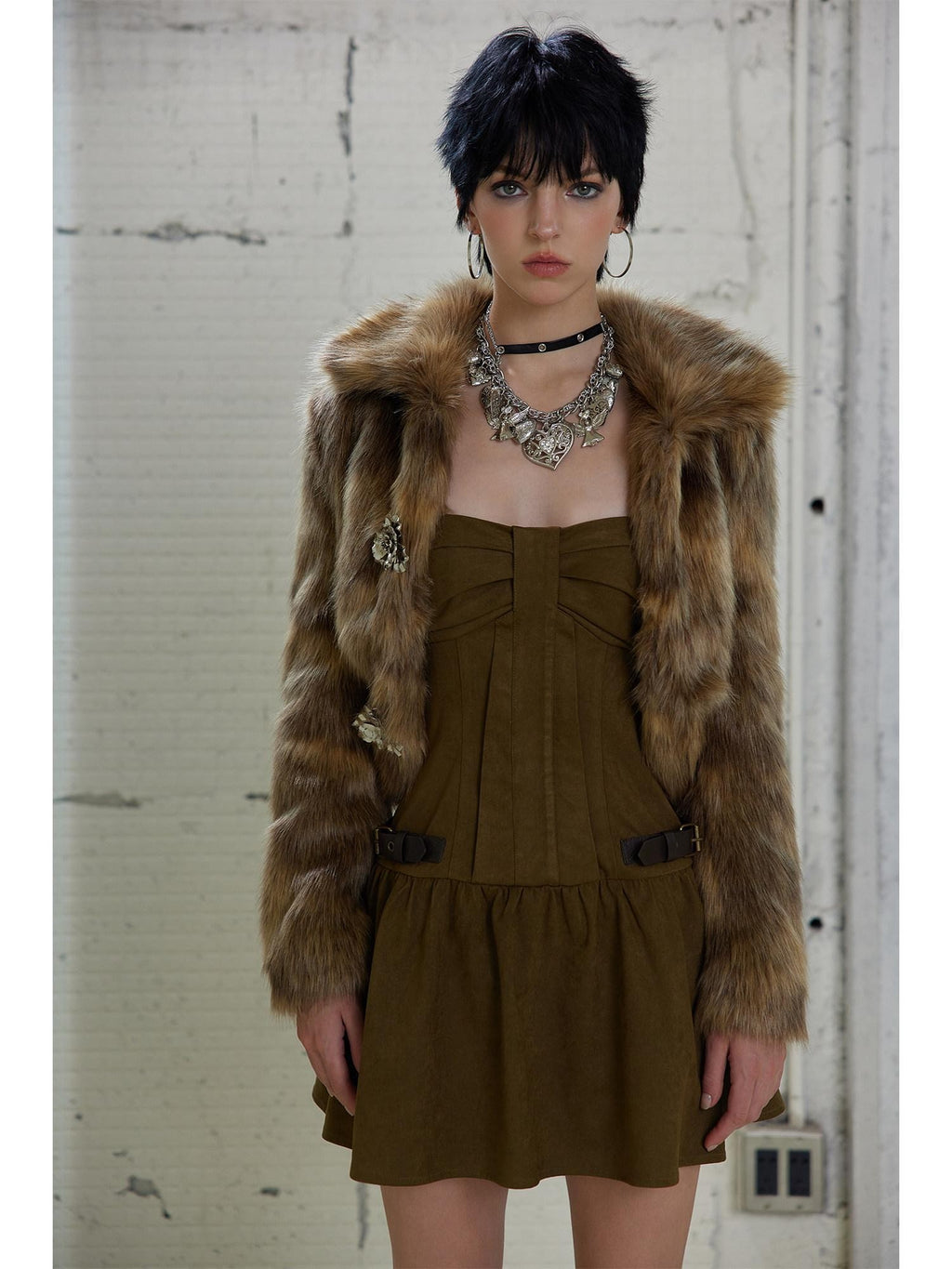 UNIVERSE Gold Brown Metallic Floral Turn Down Collar Short Women's Eco Faux Fur Coats