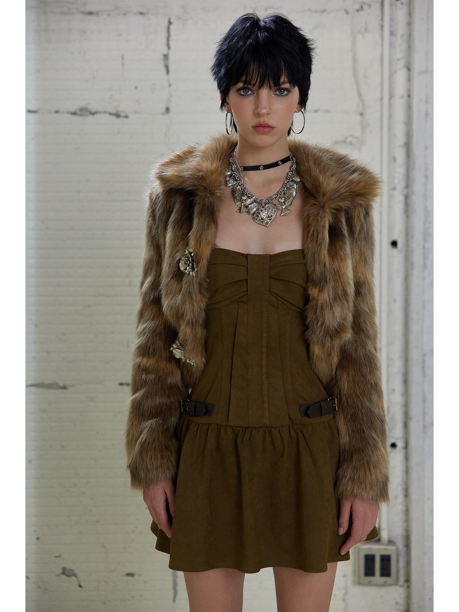 UNIVERSE Gold Brown Metallic Floral Turn Down Collar Short Women's Eco Faux Fur Coats