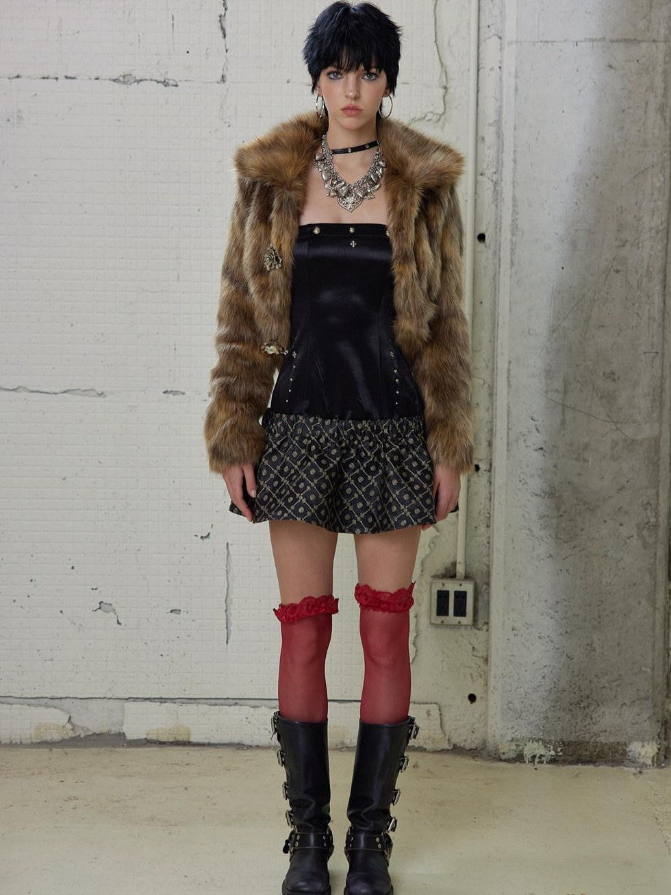 UNIVERSE Gold Brown Metallic Floral Turn Down Collar Short Women's Eco Faux Fur Coats