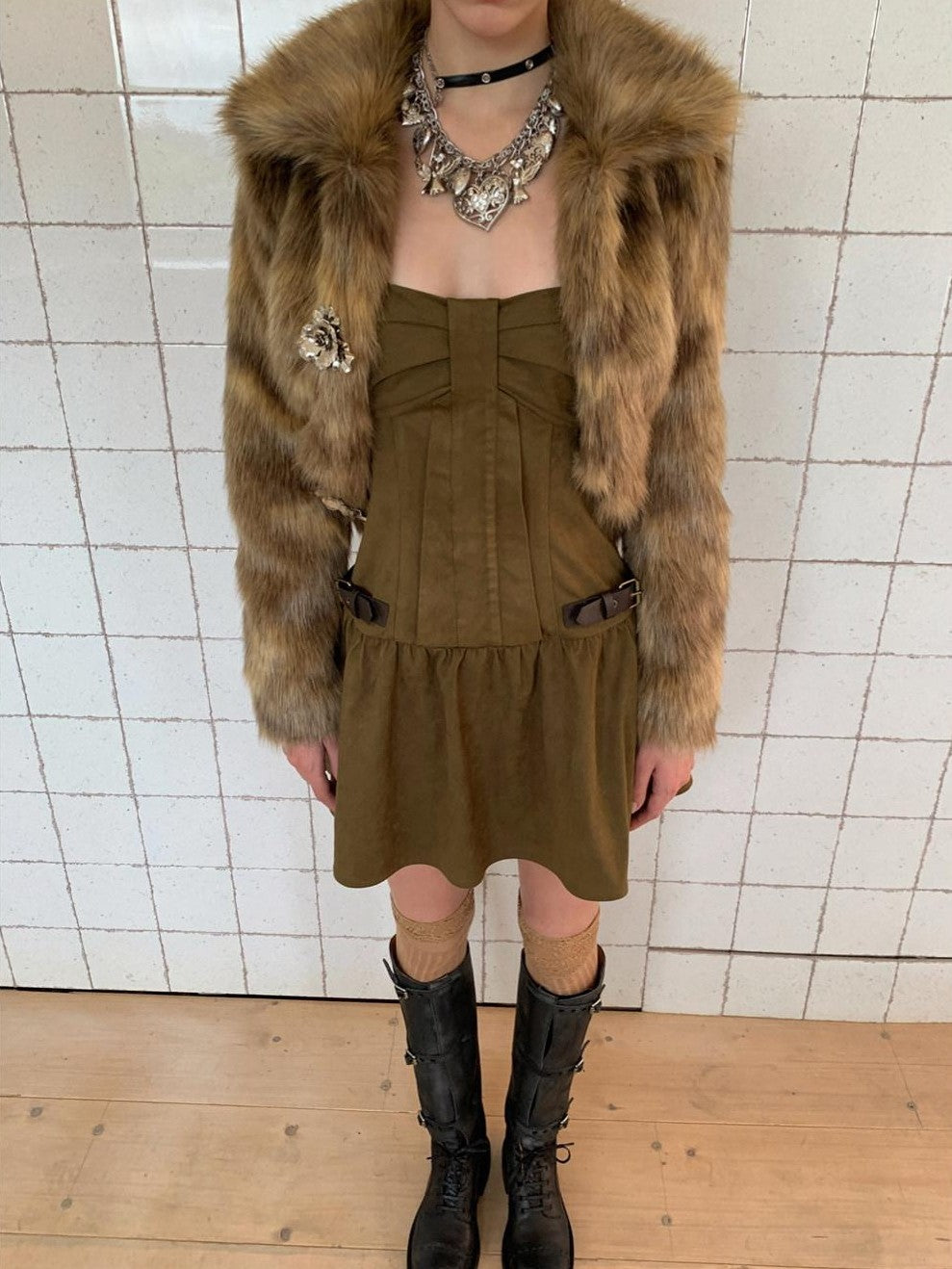 UNIVERSE Gold Brown Metallic Floral Turn Down Collar Short Women's Eco Faux Fur Coats