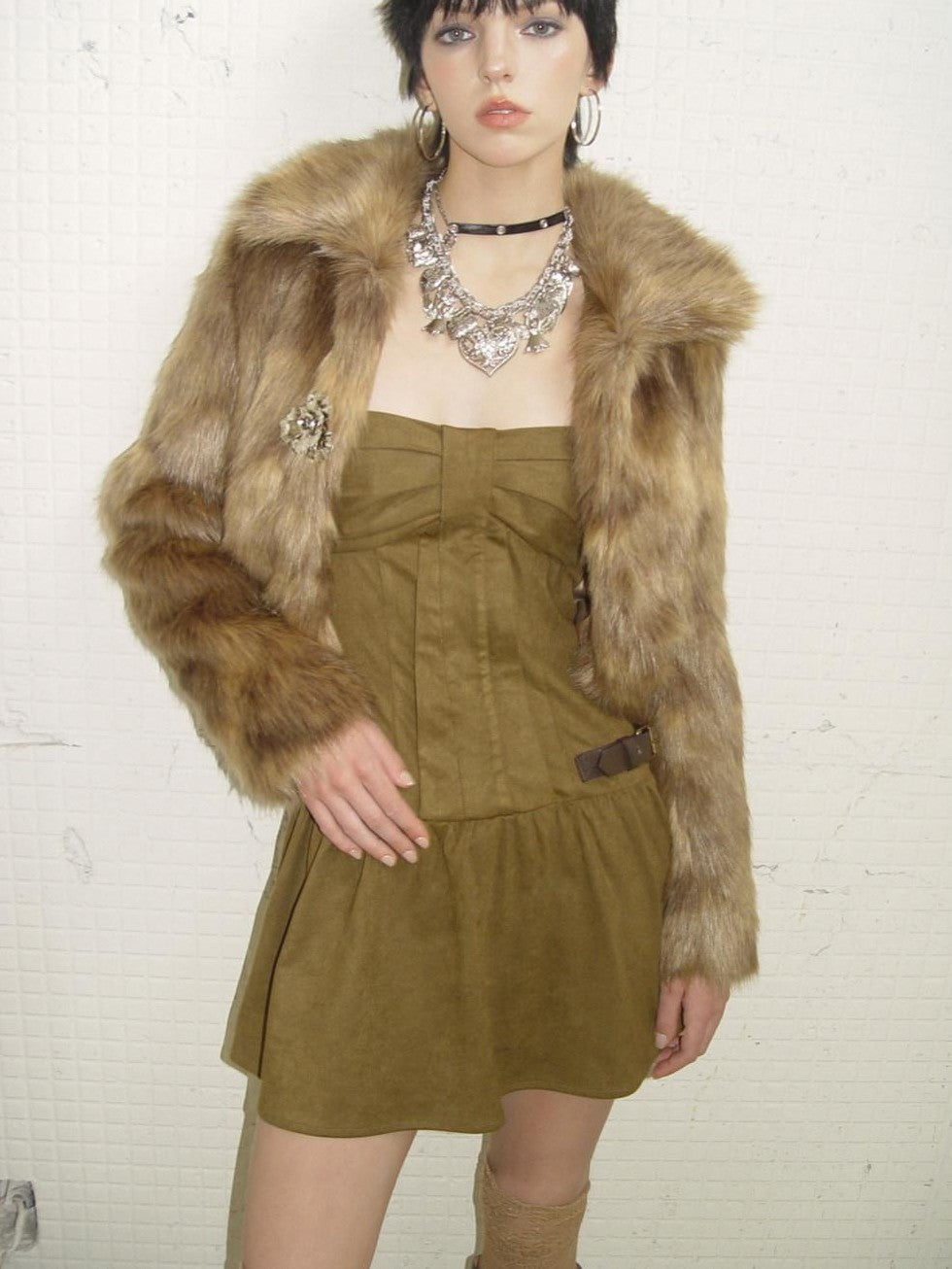 UNIVERSE Gold Brown Metallic Floral Turn Down Collar Short Women's Eco Faux Fur Coats