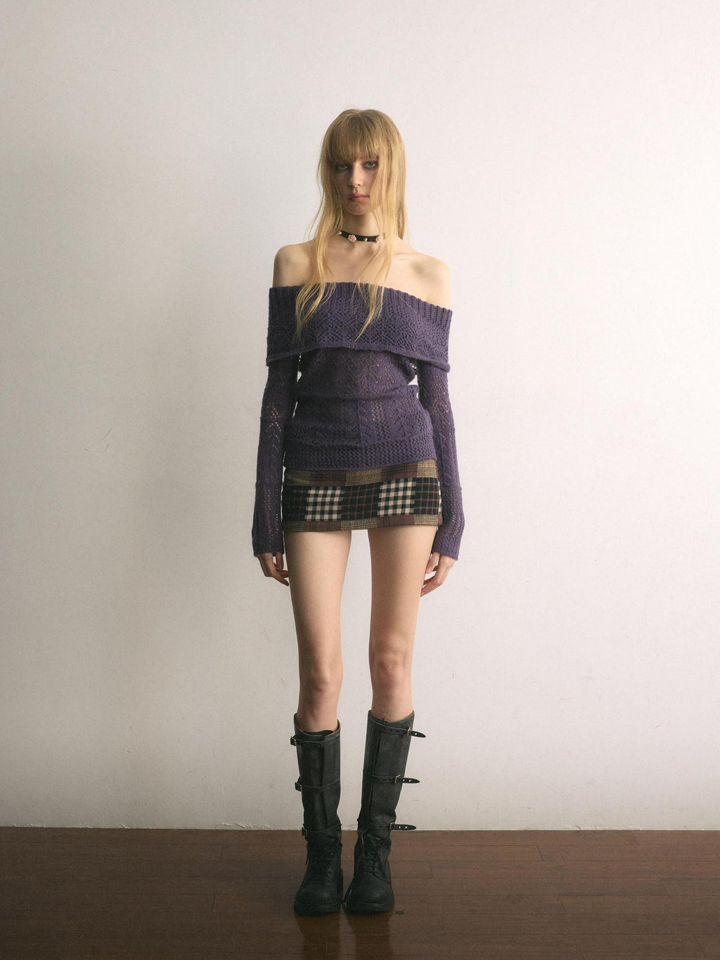 UNIVERSE Grape Purple Crochet Openwork Slim Women's Cotton Blend Off-shoulder Sweaters