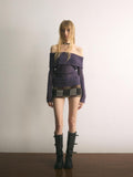 UNIVERSE Grape Purple Crochet Openwork Slim Women's Cotton Blend Off-shoulder Sweaters