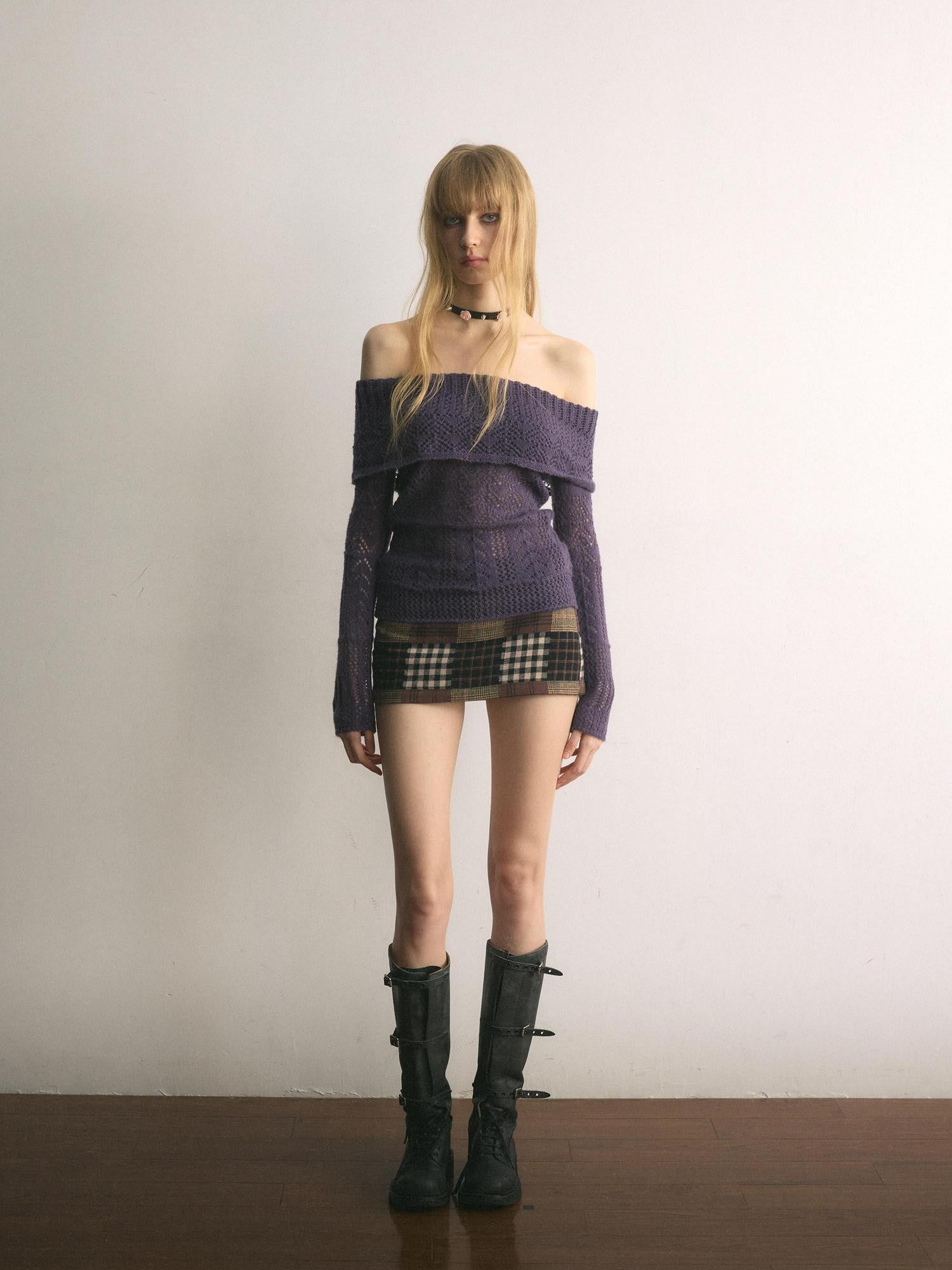 UNIVERSE Grape Purple Crochet Openwork Slim Women's Cotton Blend Off-shoulder Sweaters