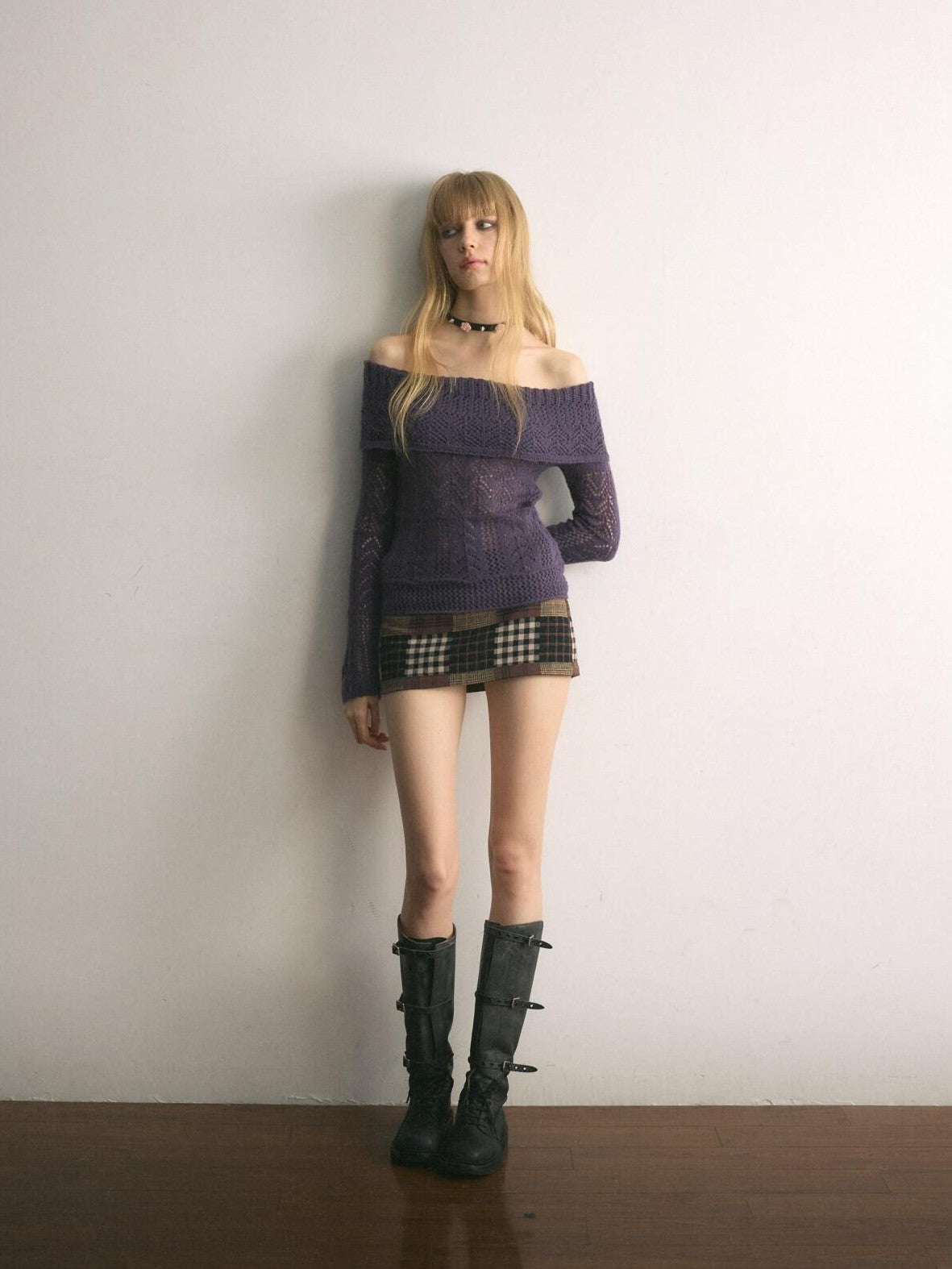 UNIVERSE Grape Purple Crochet Openwork Slim Women's Cotton Blend Off-shoulder Sweaters