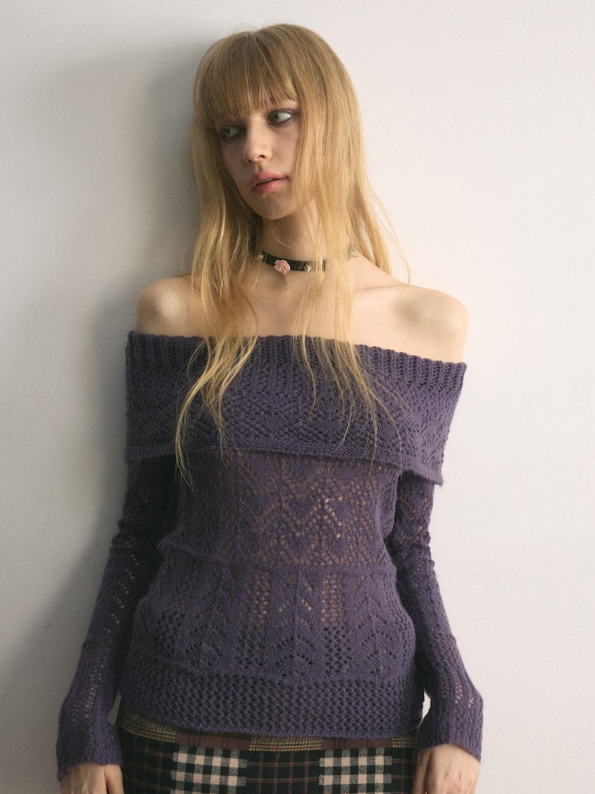 UNIVERSE Grape Purple Crochet Openwork Slim Women's Cotton Blend Off-shoulder Sweaters