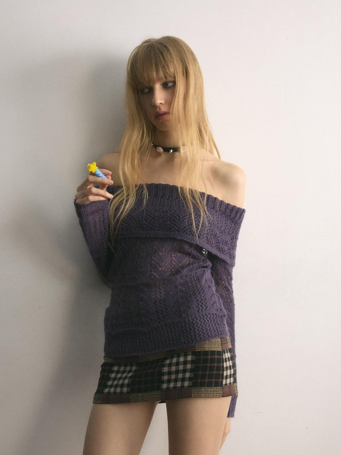 UNIVERSE Grape Purple Crochet Openwork Slim Women's Cotton Blend Off-shoulder Sweaters