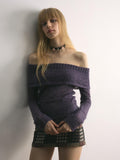 UNIVERSE Grape Purple Crochet Openwork Slim Women's Cotton Blend Off-shoulder Sweaters