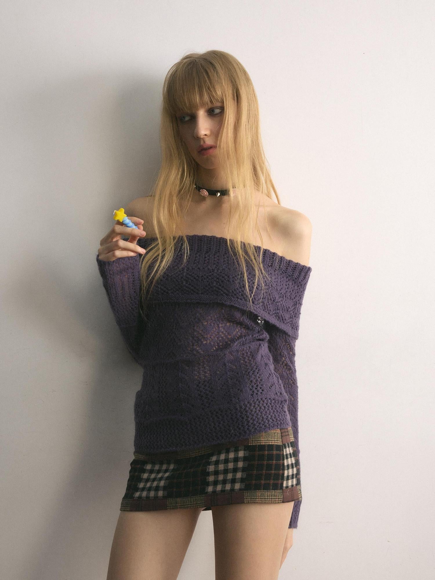 UNIVERSE Grape Purple Crochet Openwork Slim Women's Cotton Blend Off-shoulder Sweaters