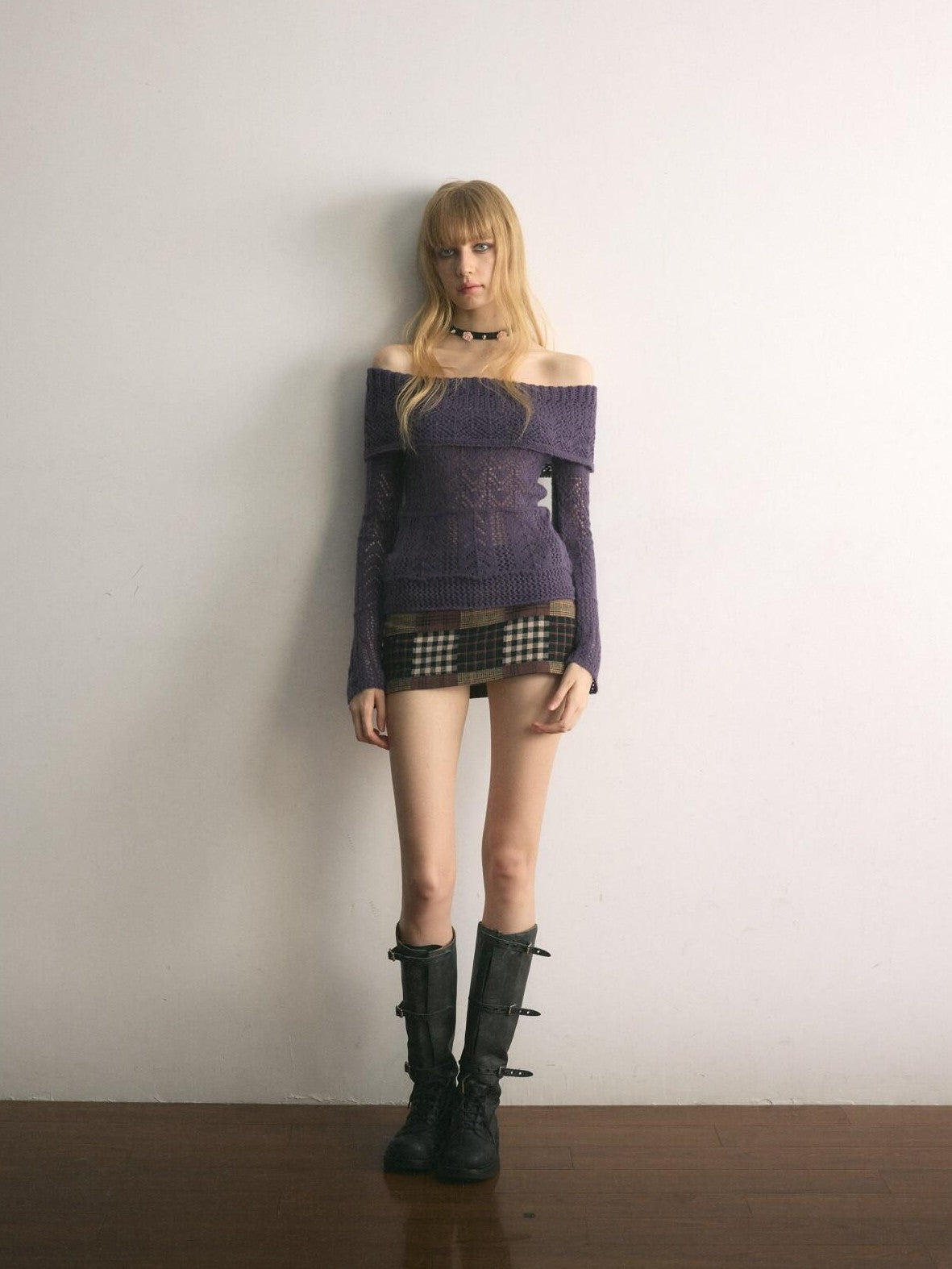 UNIVERSE Grape Purple Crochet Openwork Slim Women's Cotton Blend Off-shoulder Sweaters