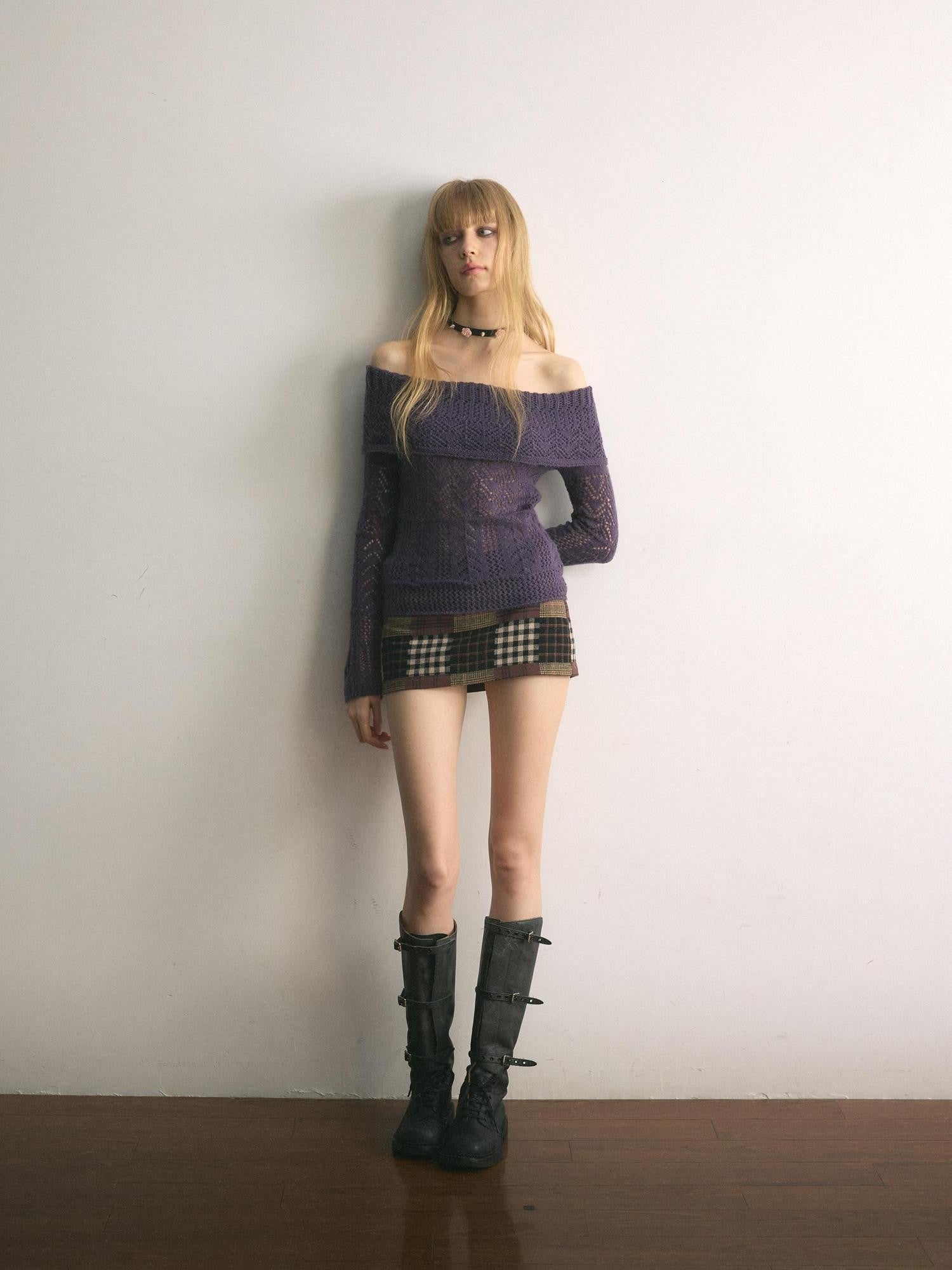 UNIVERSE Grape Purple Crochet Openwork Slim Women's Cotton Blend Off-shoulder Sweaters