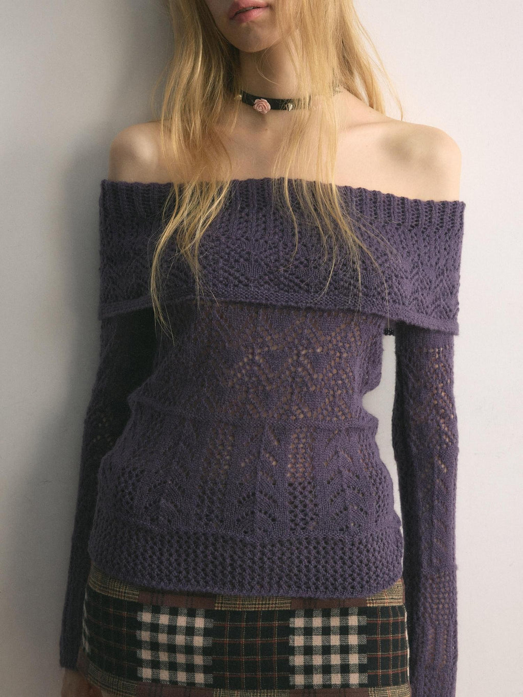 UNIVERSE Grape Purple Crochet Openwork Slim Women's Cotton Blend Off-shoulder Sweaters