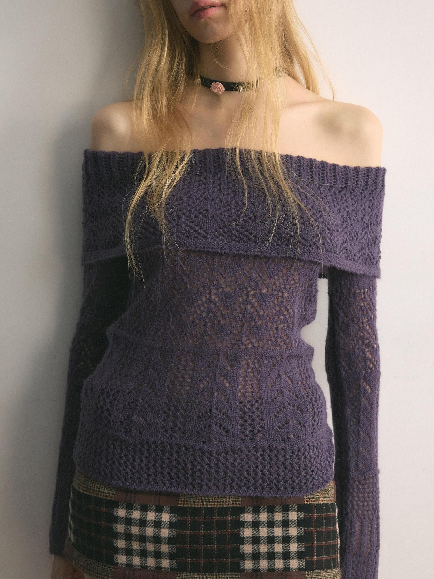 UNIVERSE Grape Purple Crochet Openwork Slim Women's Cotton Blend Off-shoulder Sweaters