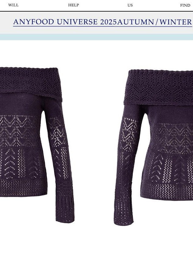 UNIVERSE Grape Purple Crochet Openwork Slim Women's Cotton Blend Off-shoulder Sweaters