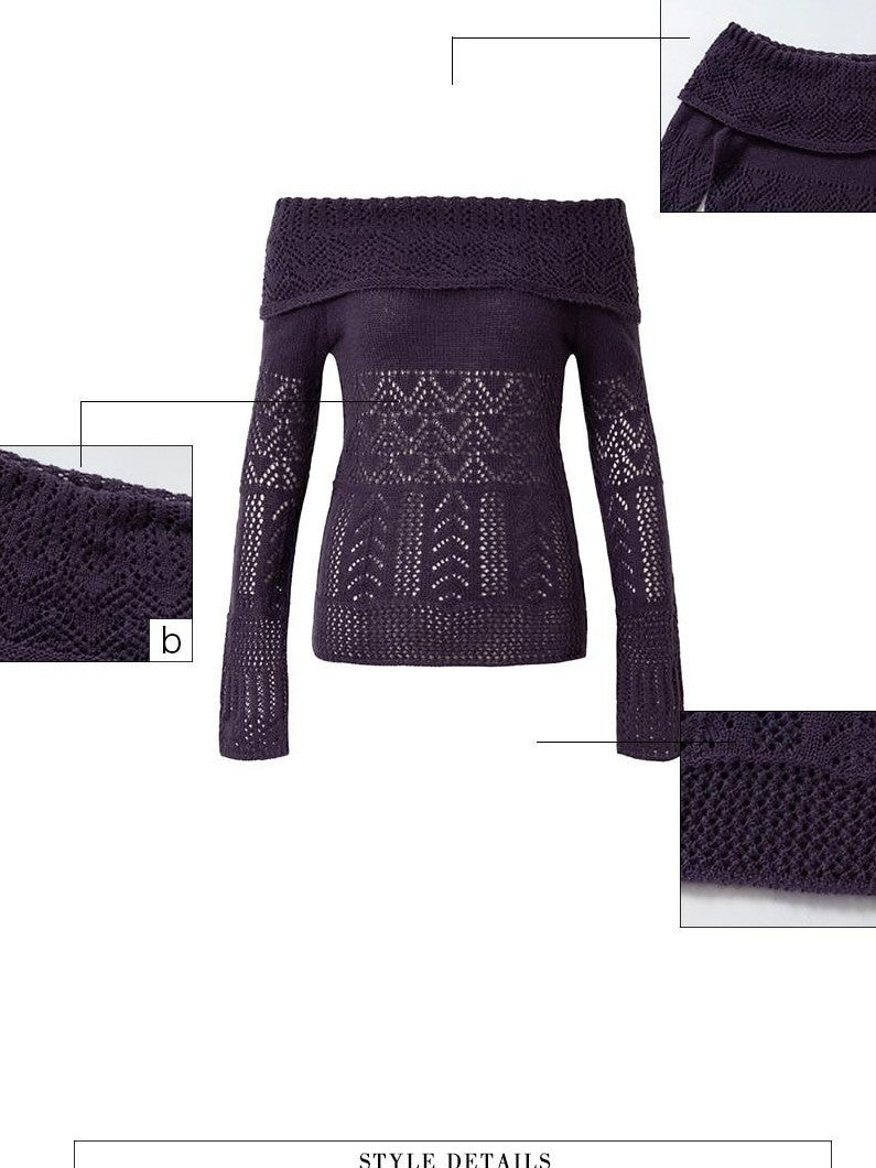 UNIVERSE Grape Purple Crochet Openwork Slim Women's Cotton Blend Off-shoulder Sweaters