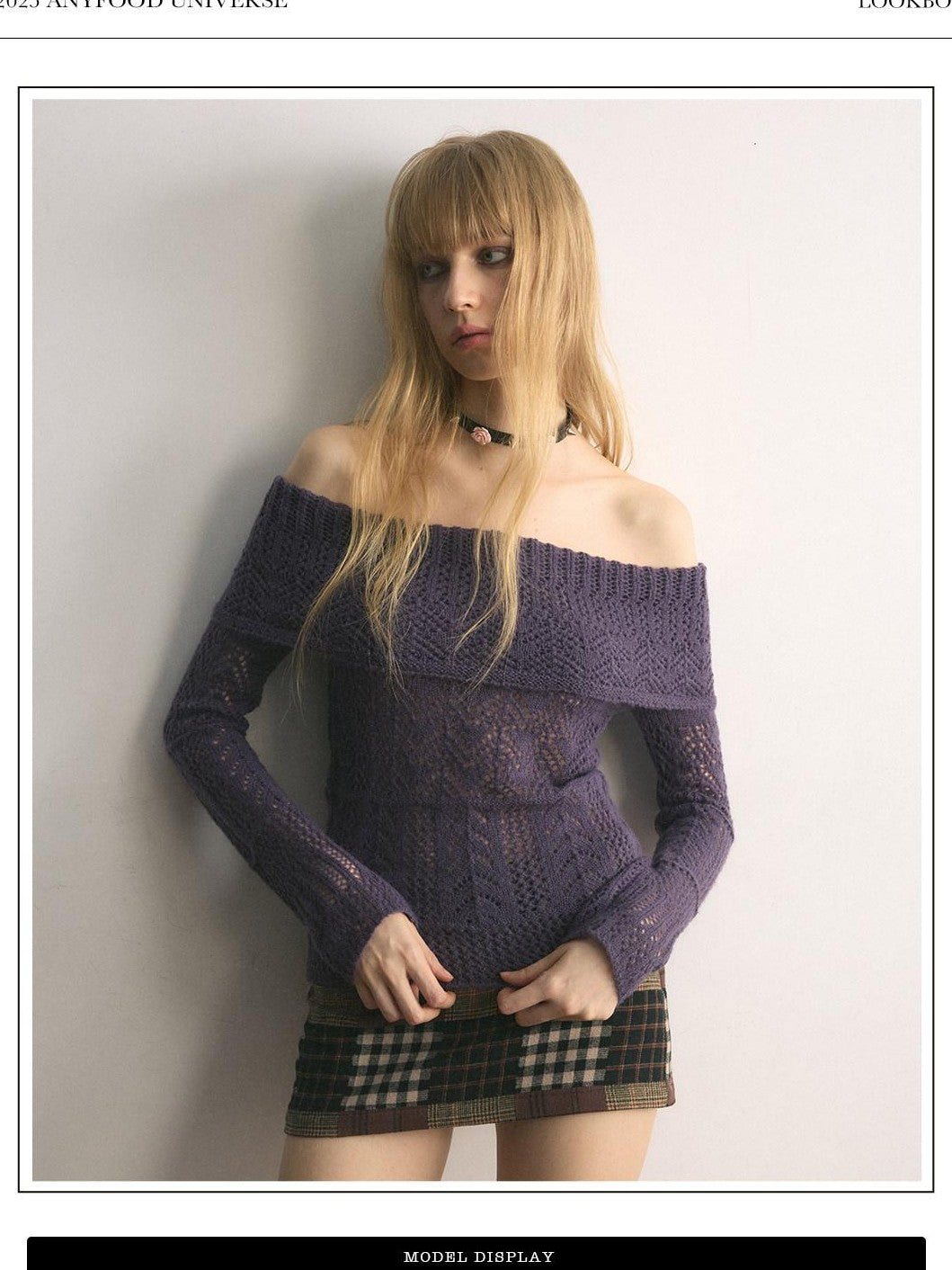 UNIVERSE Grape Purple Crochet Openwork Slim Women's Cotton Blend Off-shoulder Sweaters