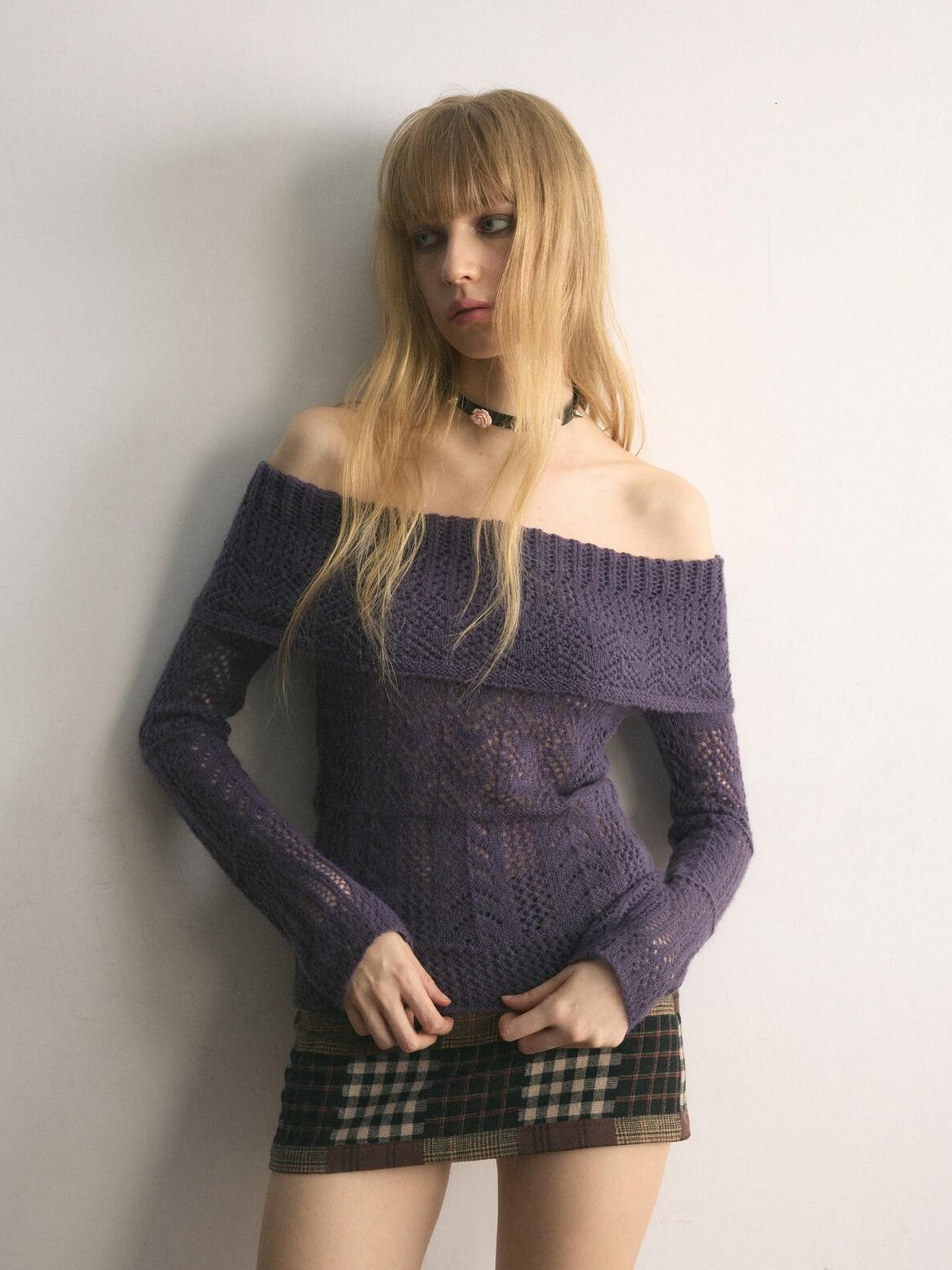 UNIVERSE Grape Purple Crochet Openwork Slim Women's Cotton Blend Off-shoulder Sweaters