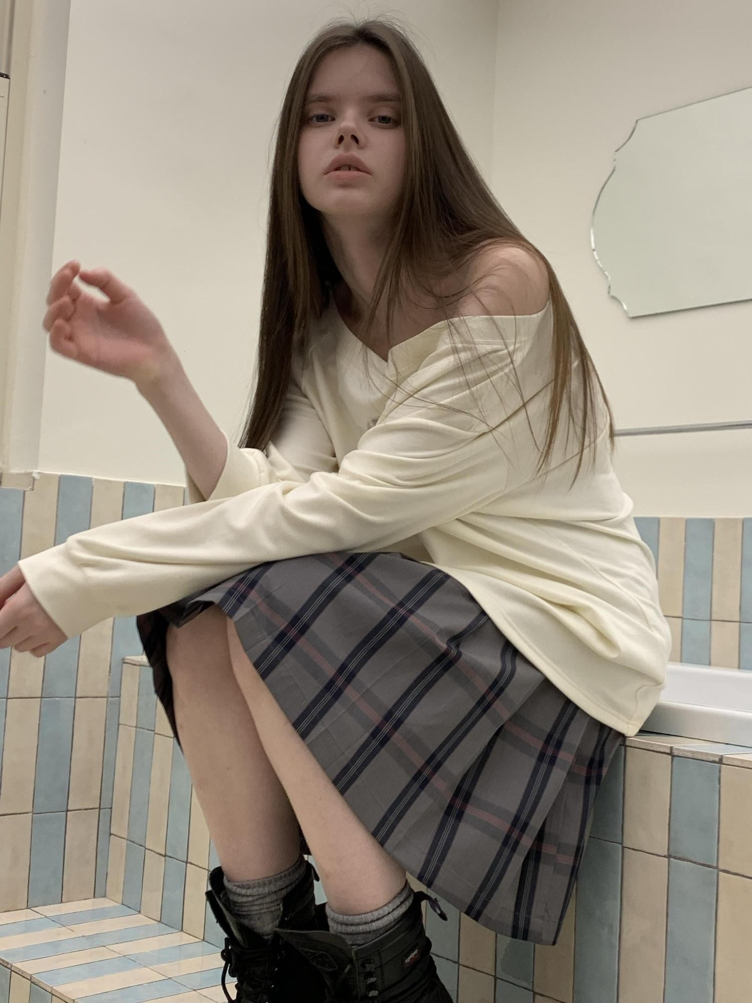 UNIVERSE Gray Pink Plaid Tie Low Waist Women's Tencel Cotton Blend Pleated Skirts