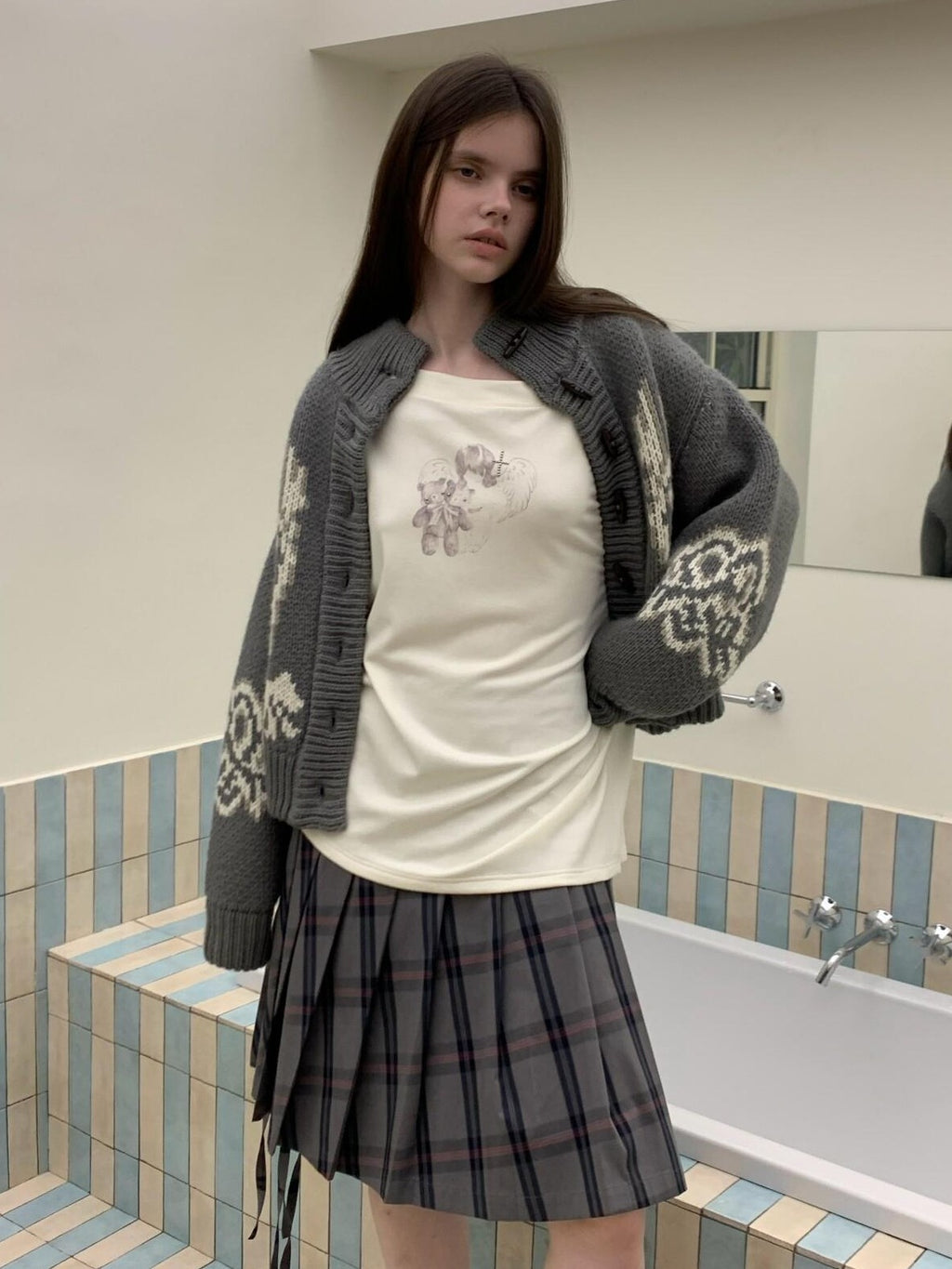 UNIVERSE Gray Pink Plaid Tie Low Waist Women's Tencel Cotton Blend Pleated Skirts