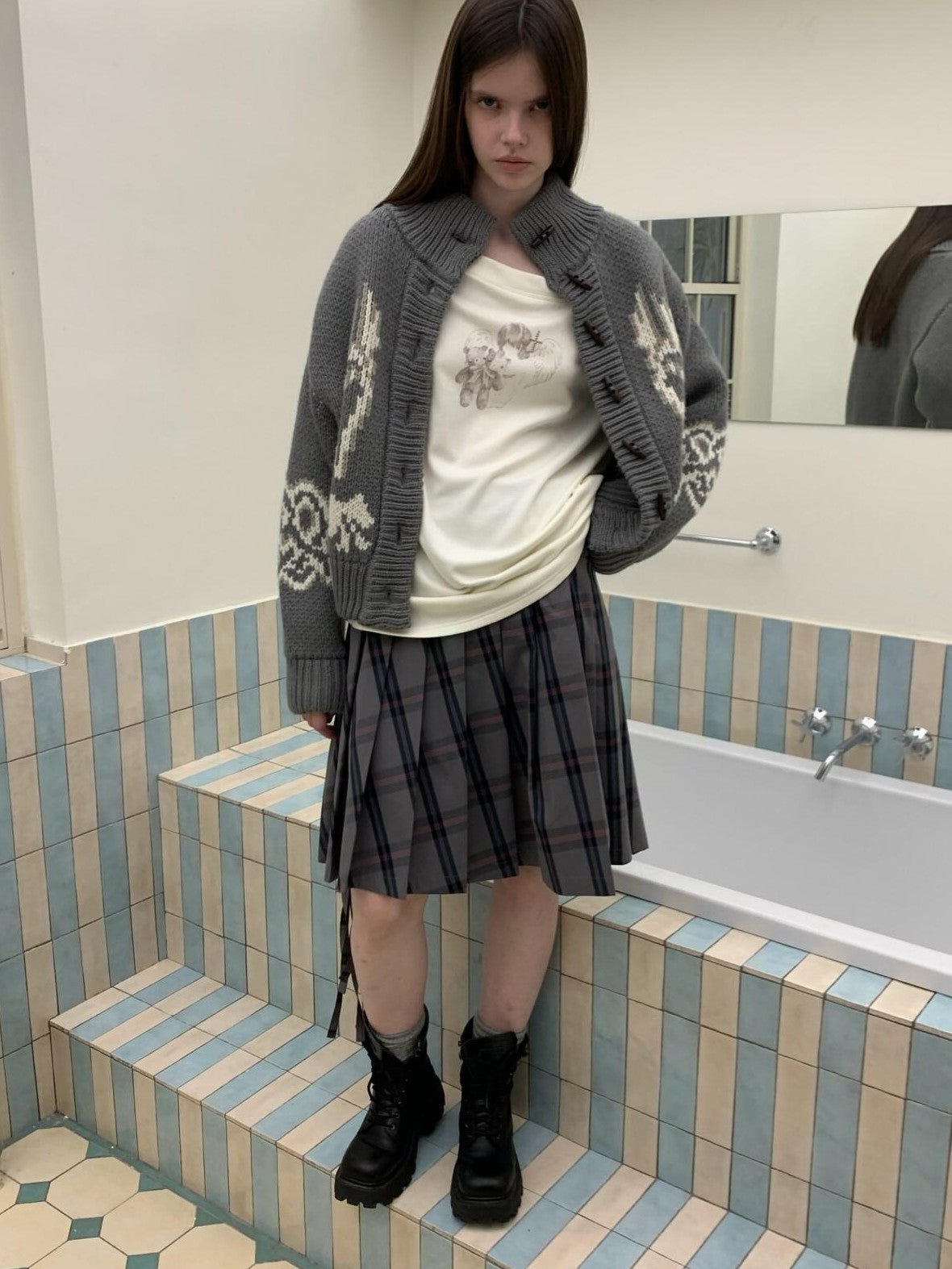 UNIVERSE Gray Pink Plaid Tie Low Waist Women's Tencel Cotton Blend Pleated Skirts