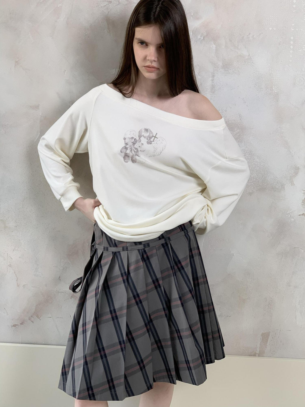 UNIVERSE Gray Pink Plaid Tie Low Waist Women's Tencel Cotton Blend Pleated Skirts