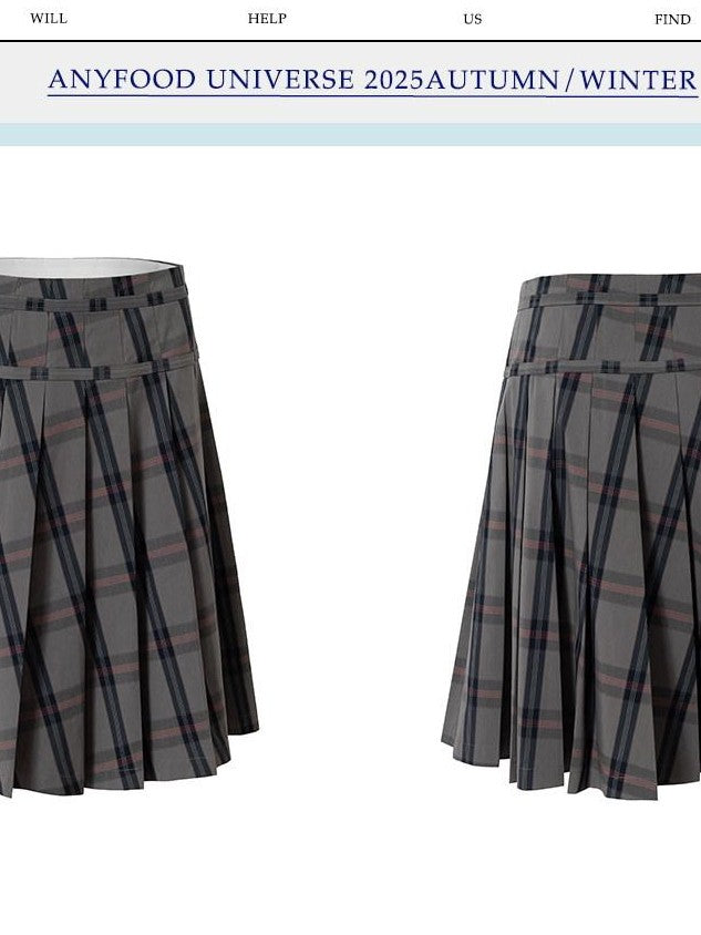 UNIVERSE Gray Pink Plaid Tie Low Waist Women's Tencel Cotton Blend Pleated Skirts