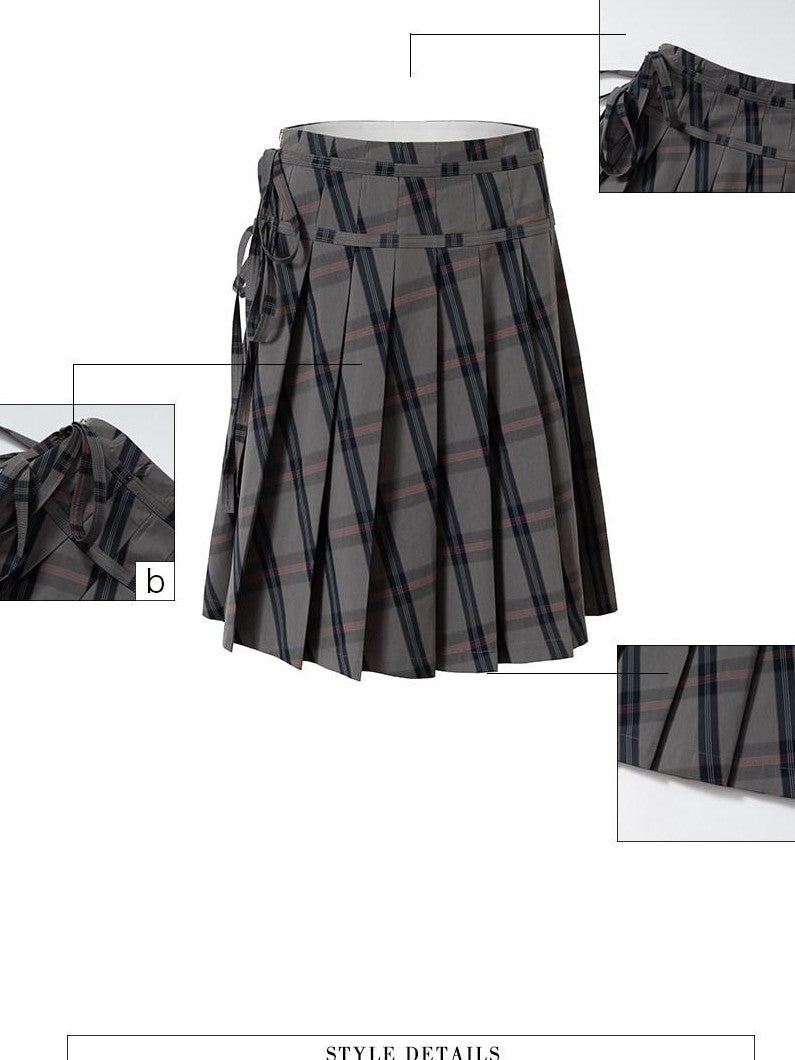 UNIVERSE Gray Pink Plaid Tie Low Waist Women's Tencel Cotton Blend Pleated Skirts